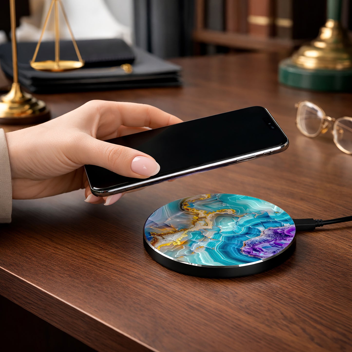 Agate Wave Wireless Charger — Turquoise & Gold Phone Charging Pad