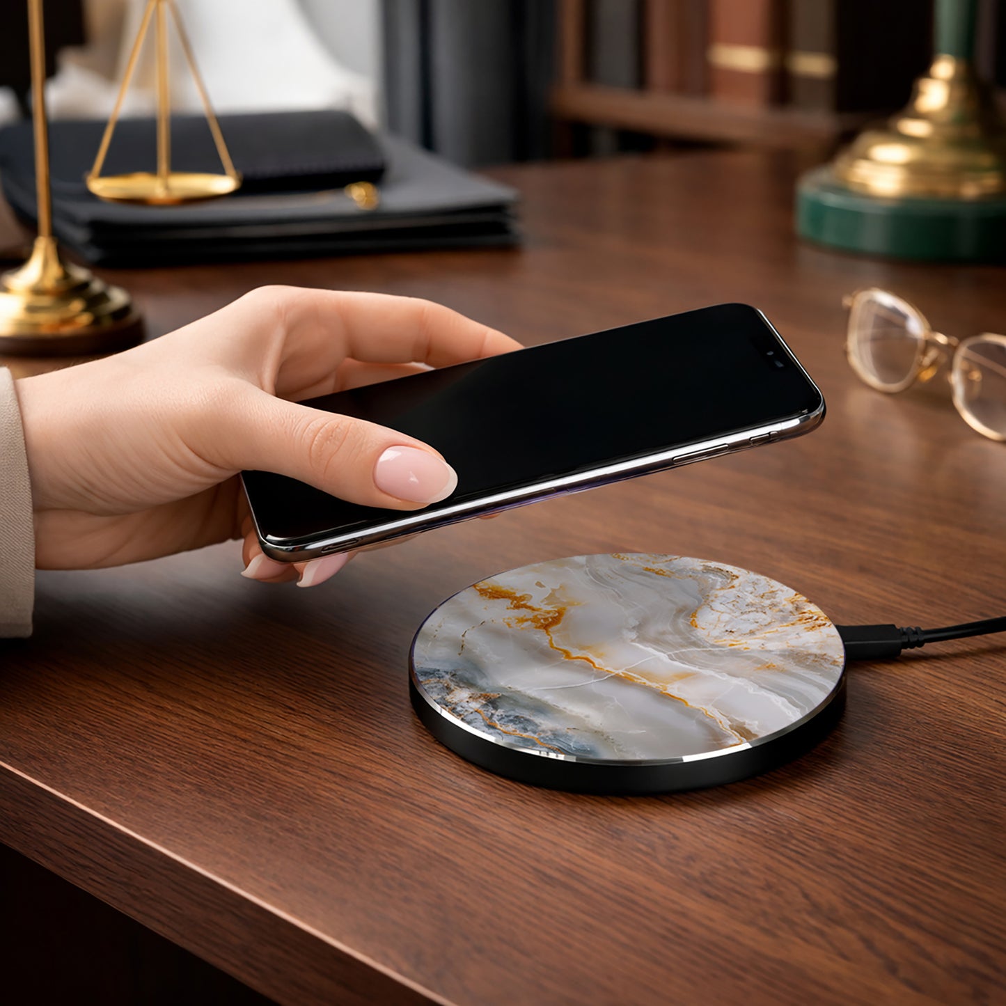 Stylish Marble 10W Qi Certified Fast Wireless Charging Pad, Modern Unique Desk Accessory