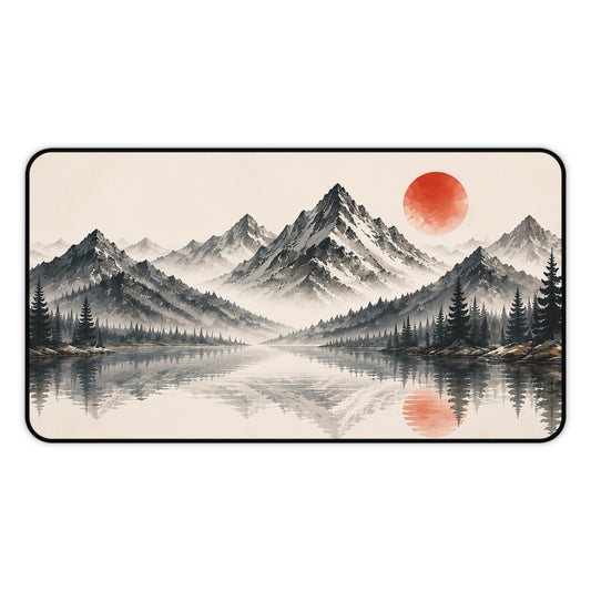 Mountain Lake Desk Mat – Minimal Asian Ink Landscape with Red Sun