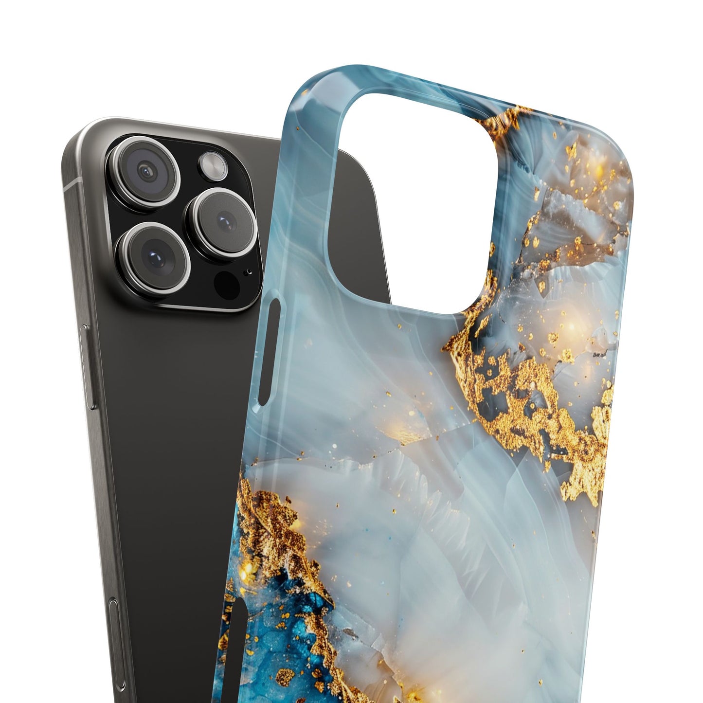 Marble Luxe Slim iPhone Case, Elegant Blue & Gold Design