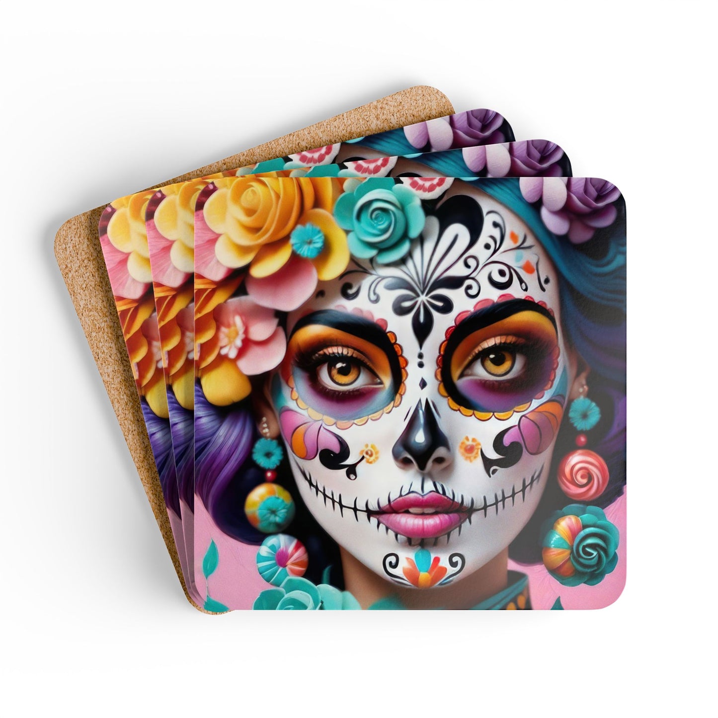 Sugar Skull Cork Coaster Set, Dia de los Muertos Decor