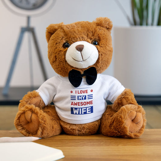 Cute Teddy Bear with 'I Love My Awesome Wife' T-Shirt, Gift for Wife, Anniversary Surprise