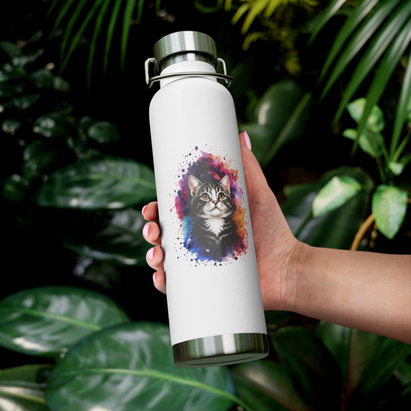 22oz Insulated Water Bottle — Watercolor Cat Splash Design