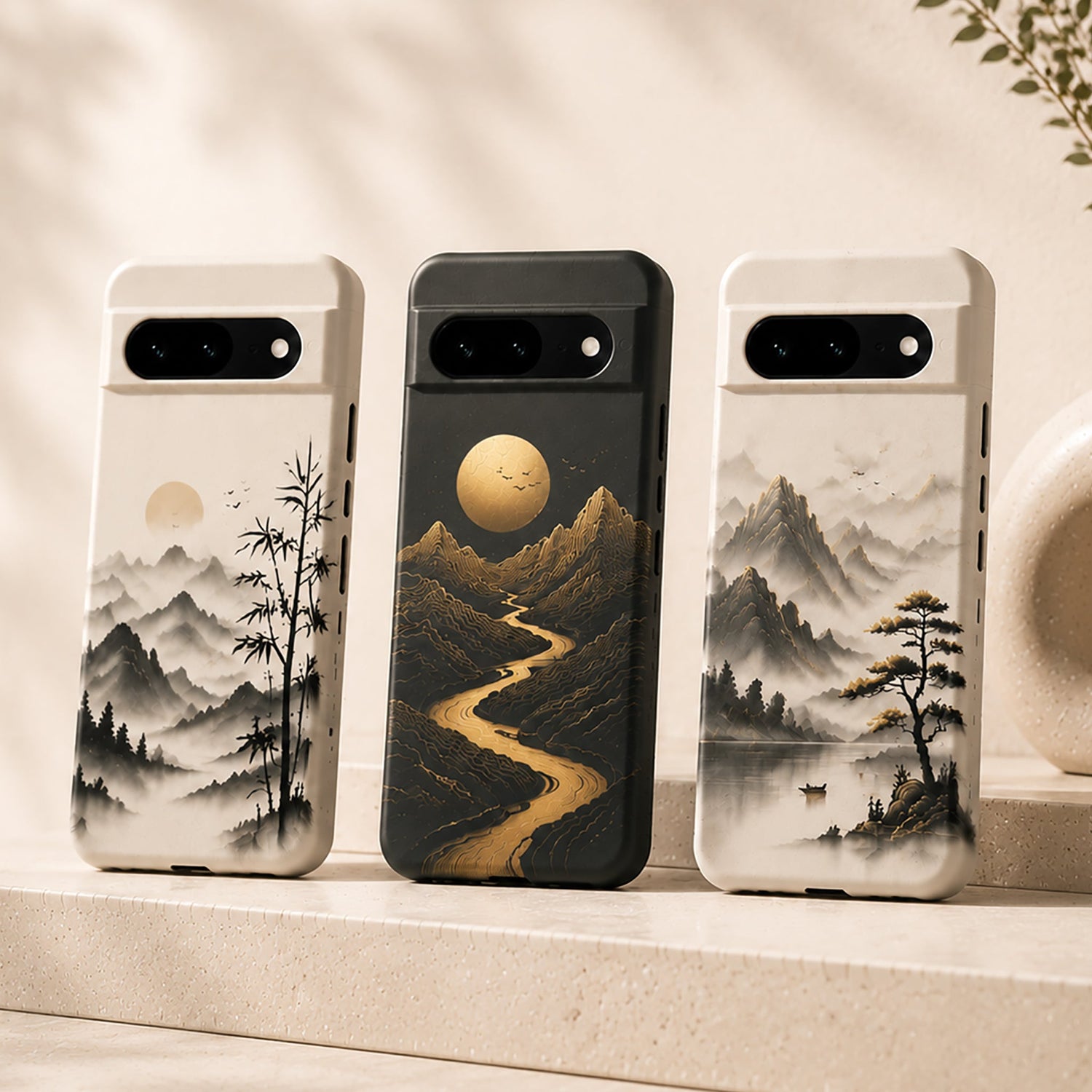 Premium Google Pixel phone cases with nature-inspired mountain and bamboo designs.