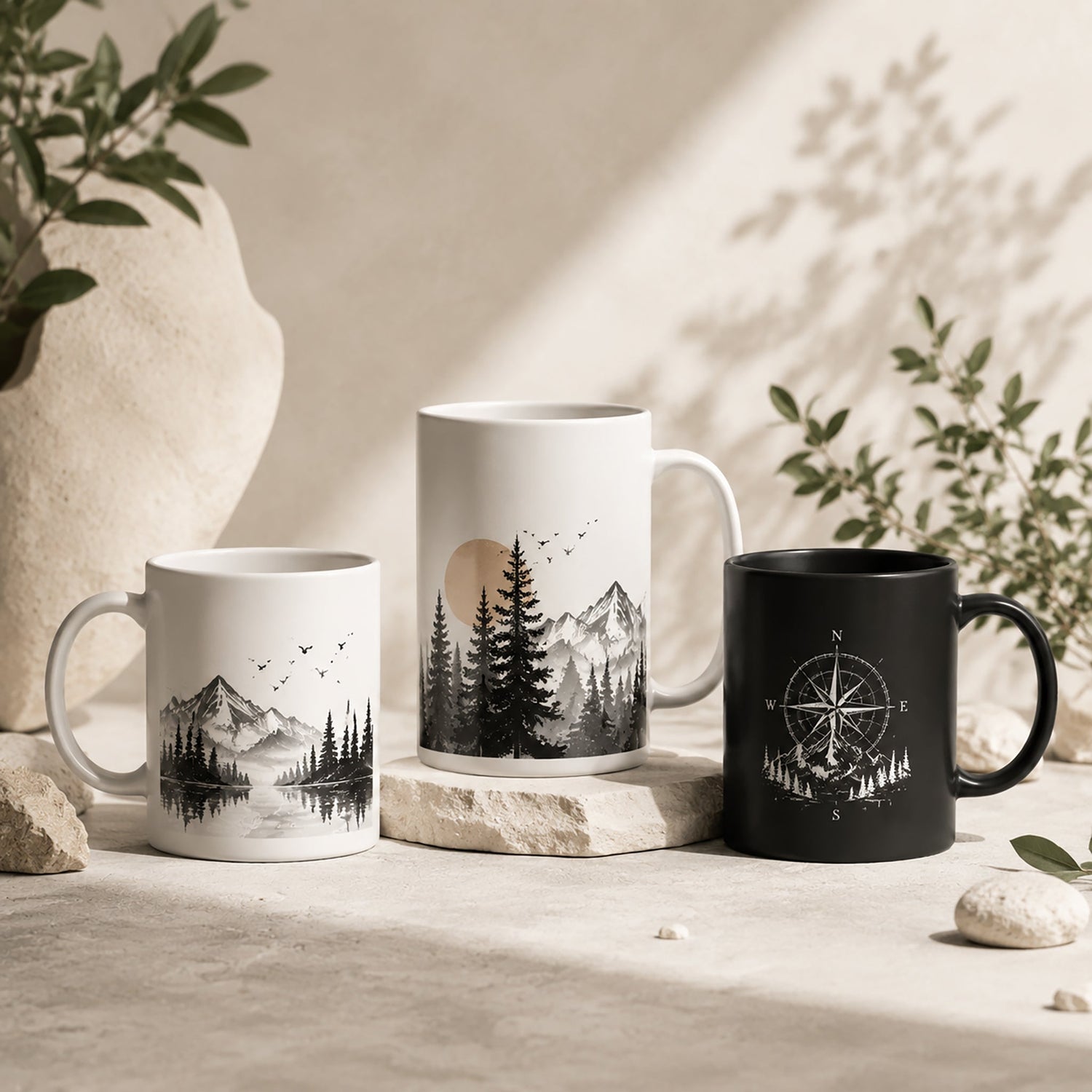 Ceramic mug collection: white 11 oz, white 15 oz, and black 11 oz mugs displayed on neutral background with minimal design.