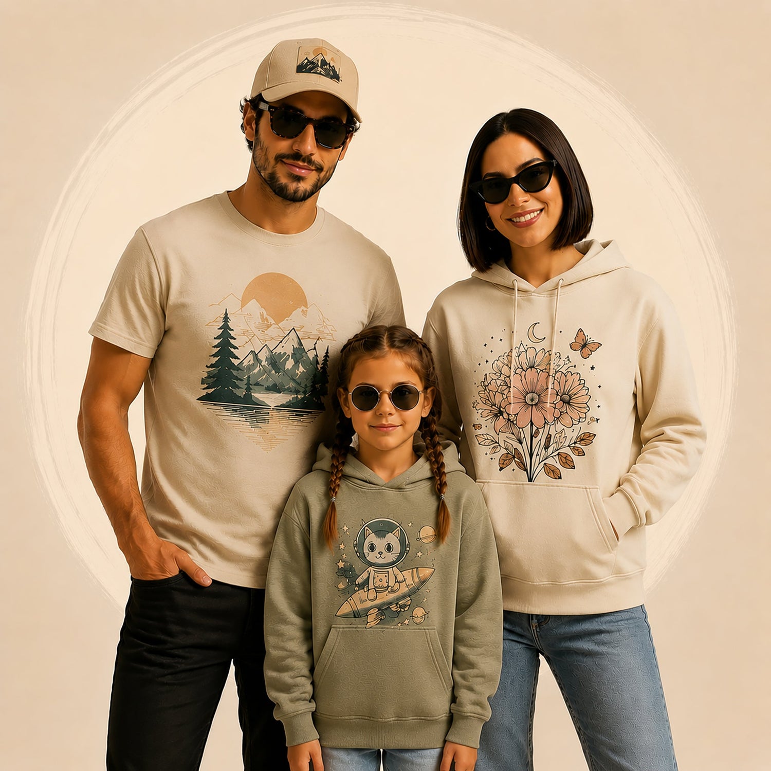 Family portrait of three wearing casual apparel with nature-themed graphic designs against a beige studio background with circular accent.