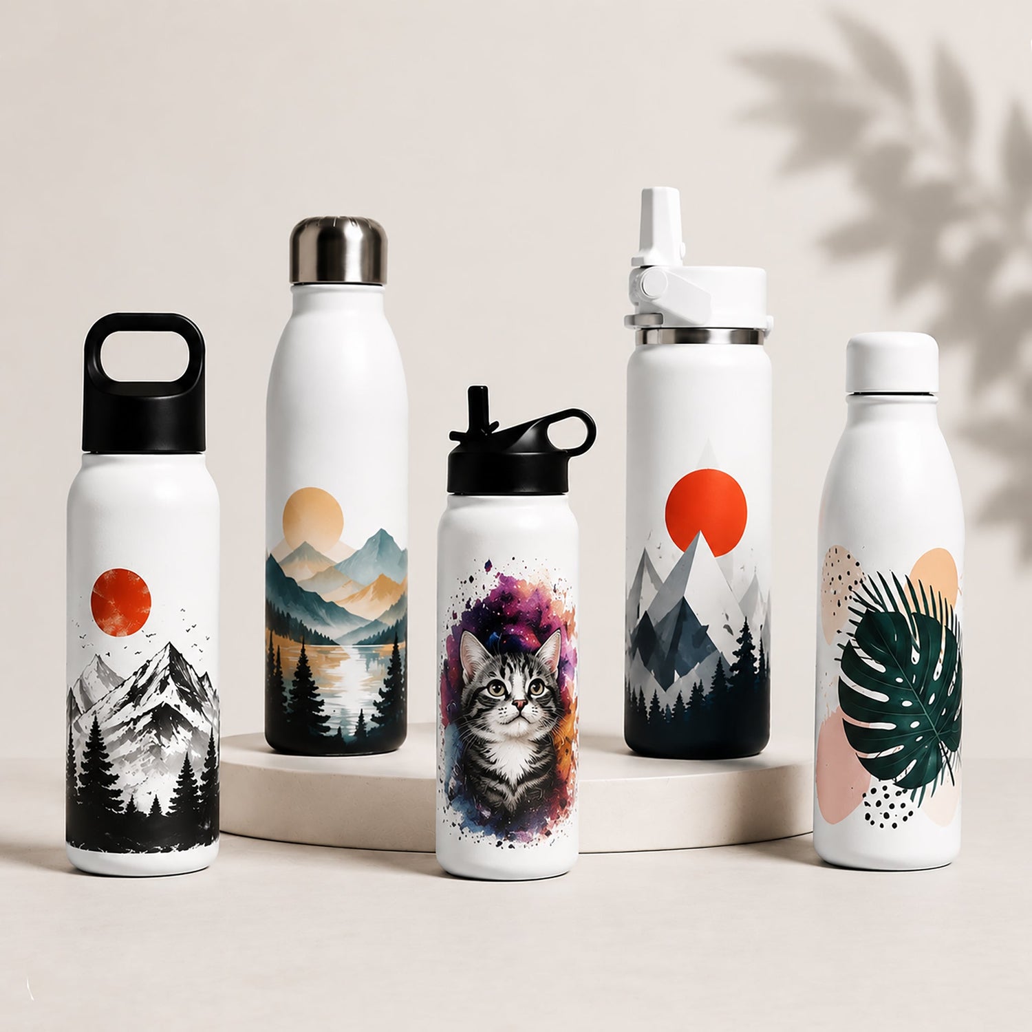 Collection of bottles with minimalist designs on a soft cream background