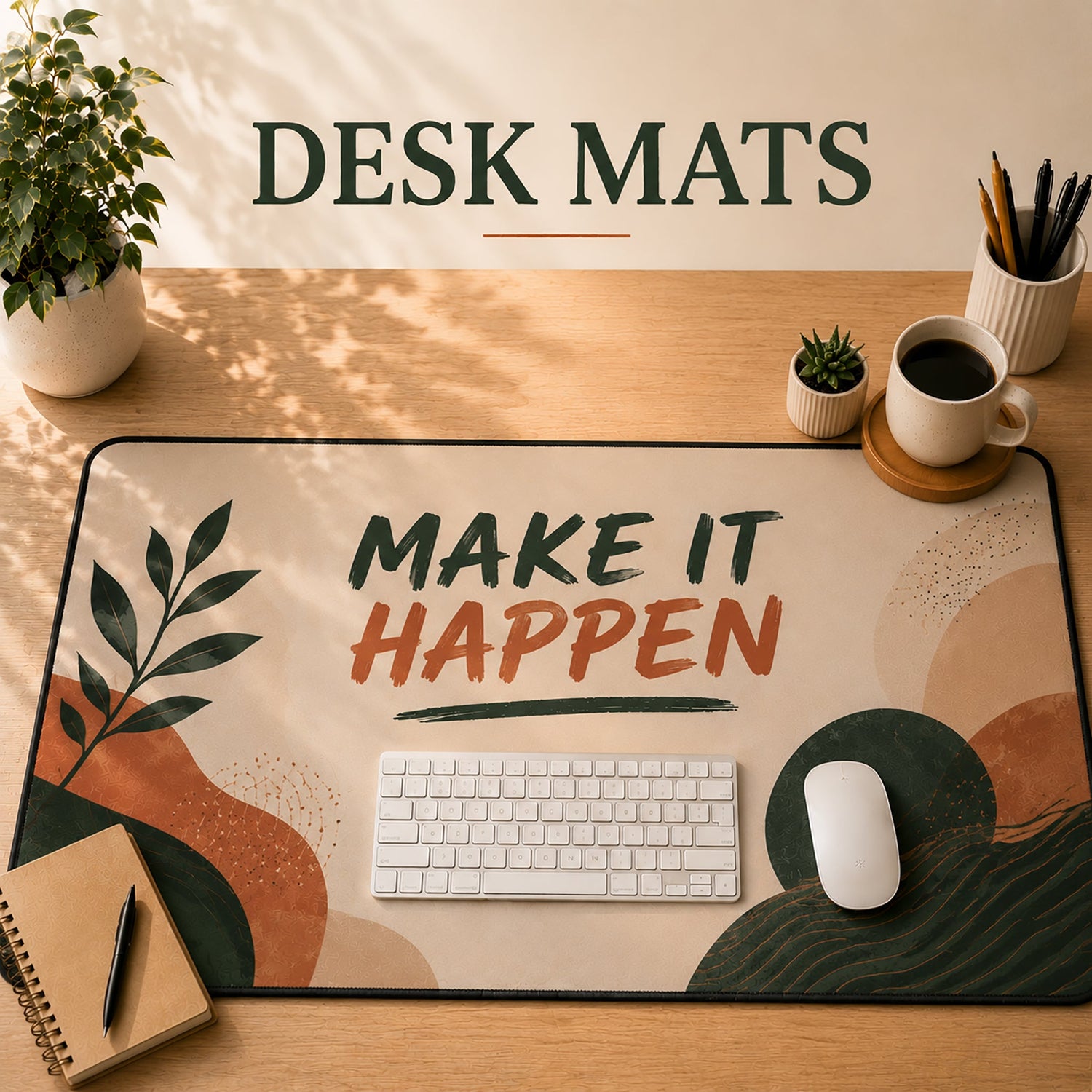 Inspirational desk mat with Make It Happen quote, keyboard and mouse on a stylish home office desk workspace.