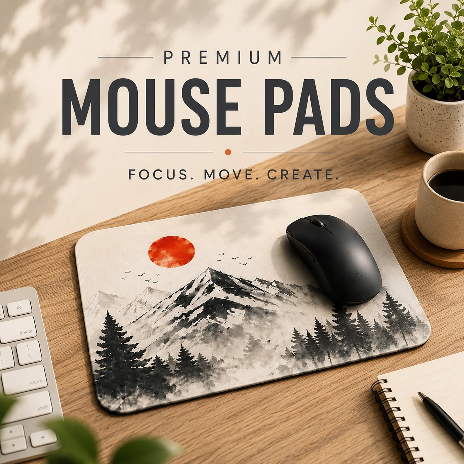 Premium mountain landscape mouse pad on a modern wooden desk workspace.