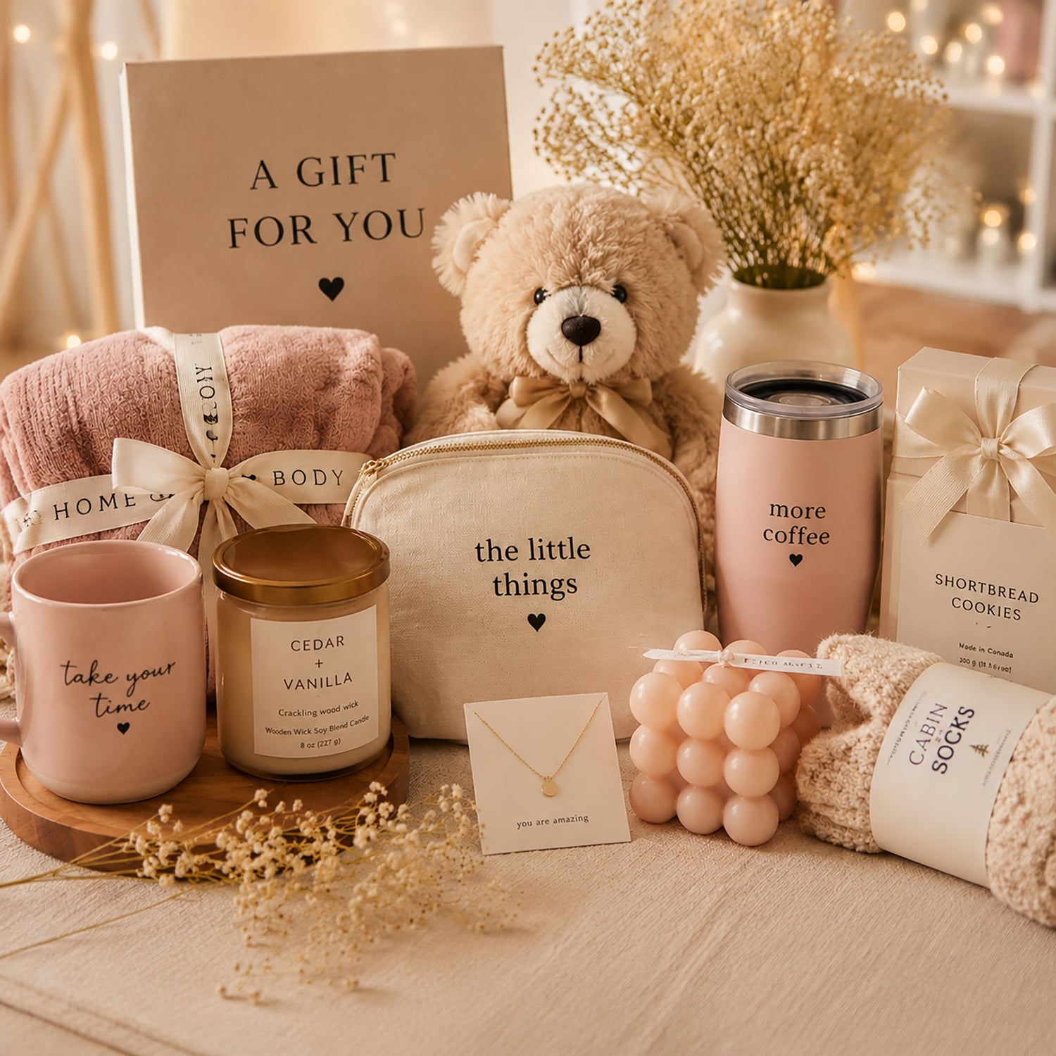 Curated gift collection featuring cozy lifestyle products and thoughtful everyday essentials