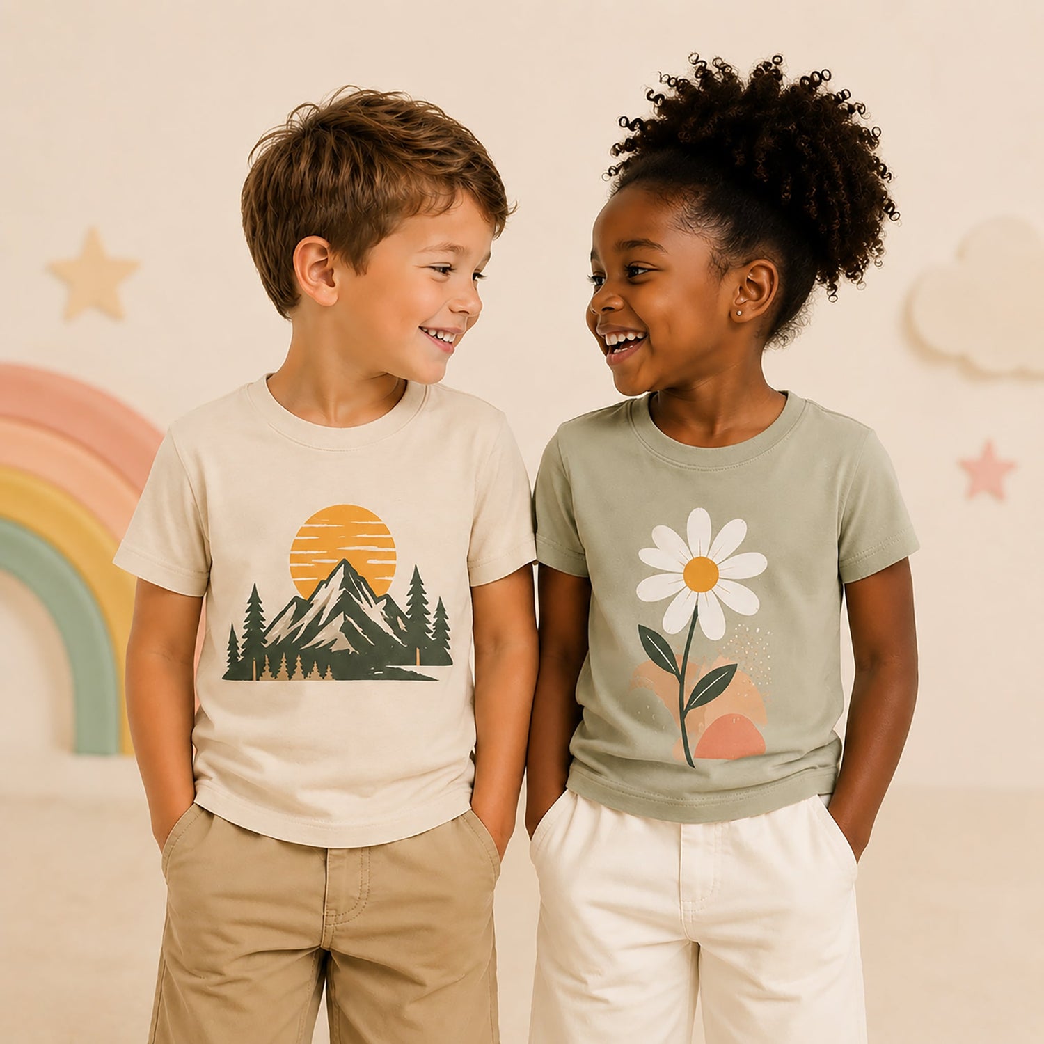Smiling boy and girl wearing graphic kids’ T-shirts with nature-inspired designs, standing together in a soft pastel studio setting with a rainbow background.