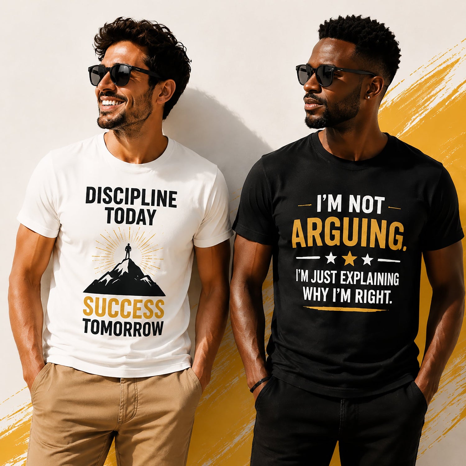 Two smiling men wearing graphic T-shirts with motivational and humorous designs, styled in a modern lifestyle setting with a clean neutral background.
