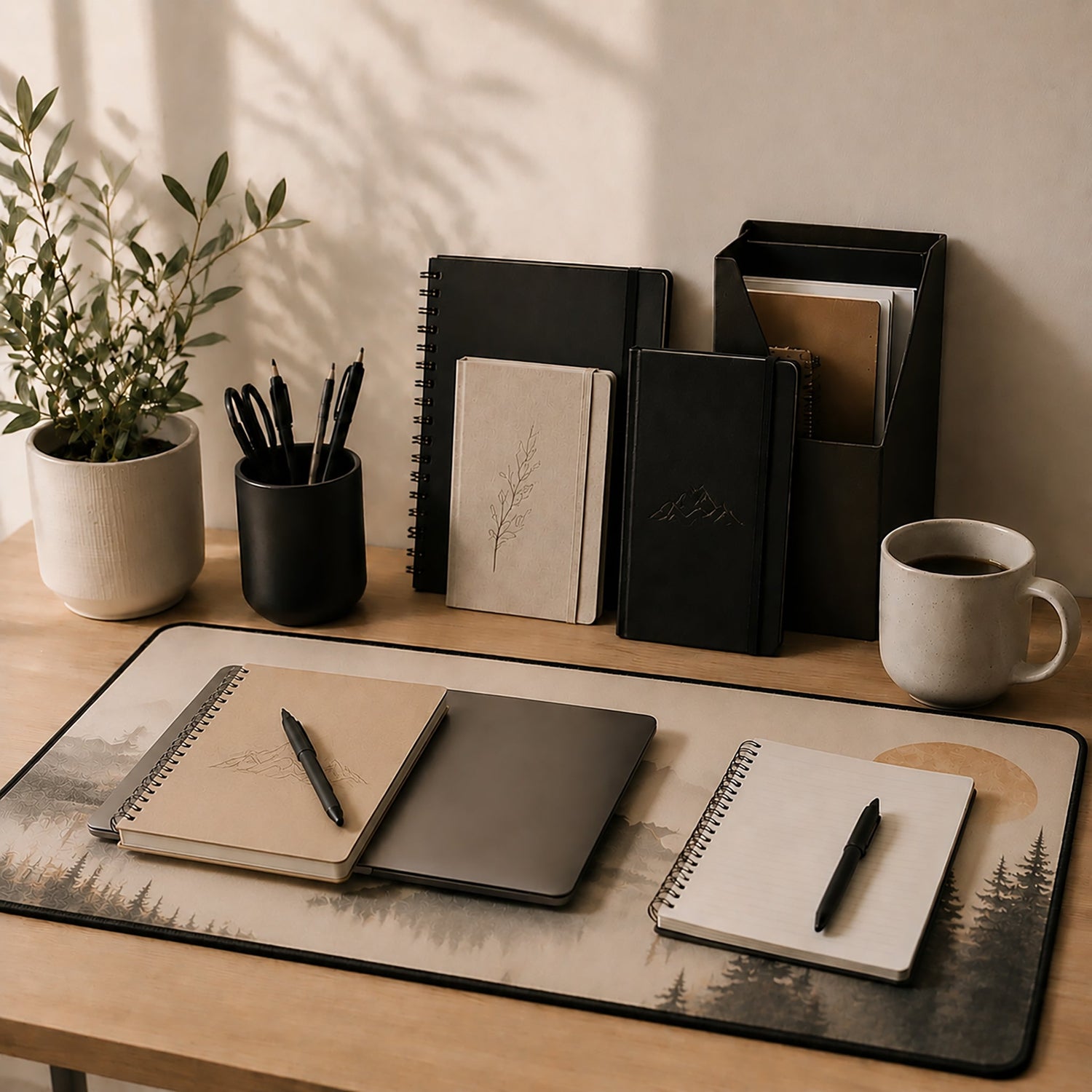 Cozy office desk setup with notebooks, pens, a plant, coffee mug, and a desk mat in warm neutral tones.