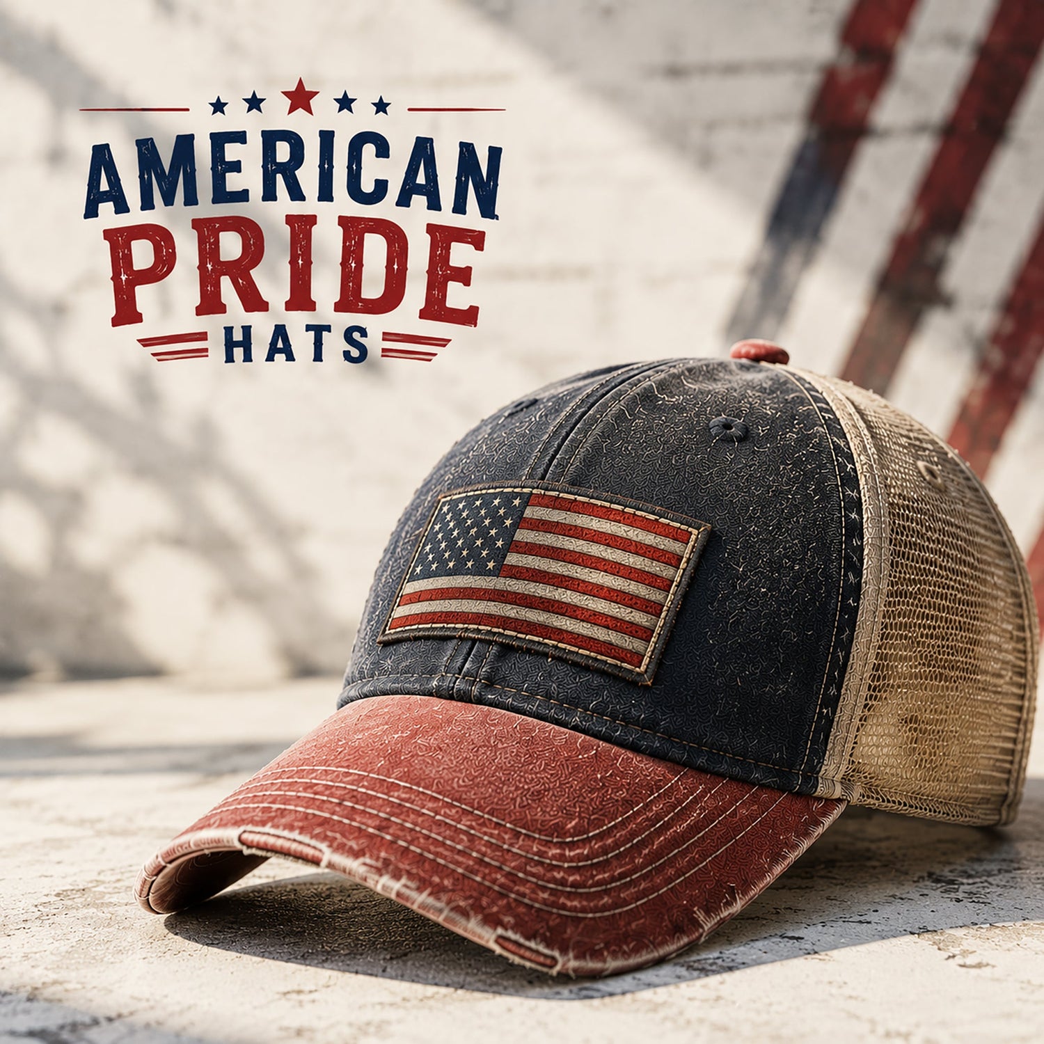 Patriotic American Pride Hats category card featuring a distressed USA flag cap with bold red, white, and blue design on a textured background.