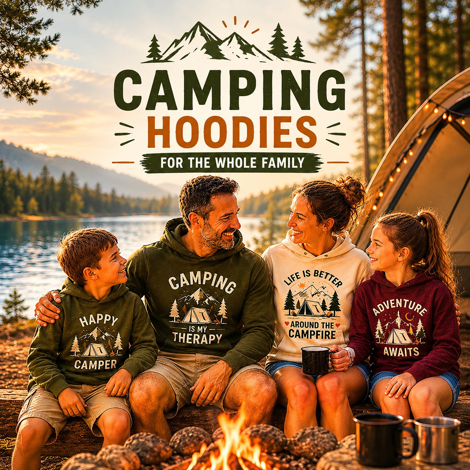 Cozy Adventure hoodies collection featuring a happy family wearing matching camping hoodies by a lakeside campfire with cozy outdoor lifestyle vibes.