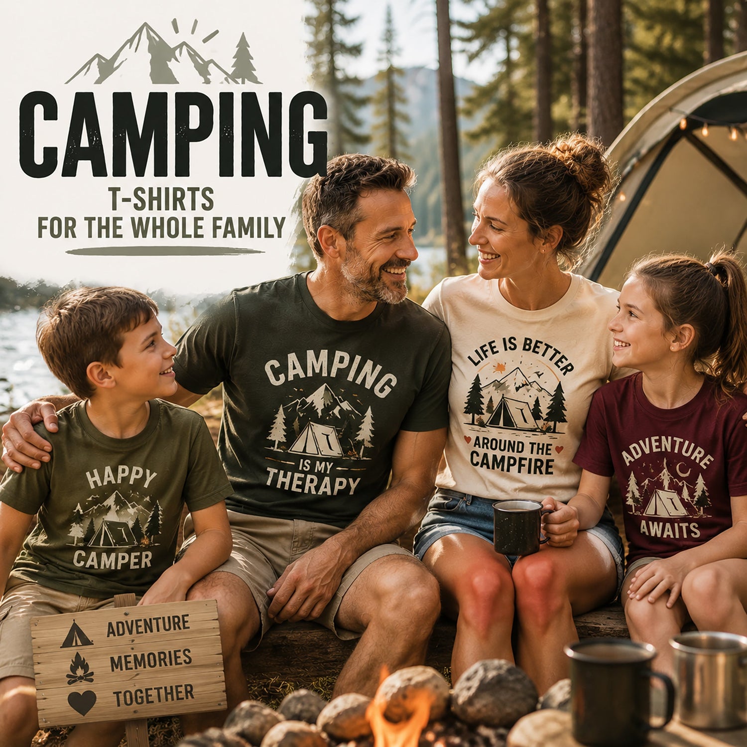 Camping t-shirts collection card featuring a smiling family enjoying a campfire outdoors, wearing graphic tees.