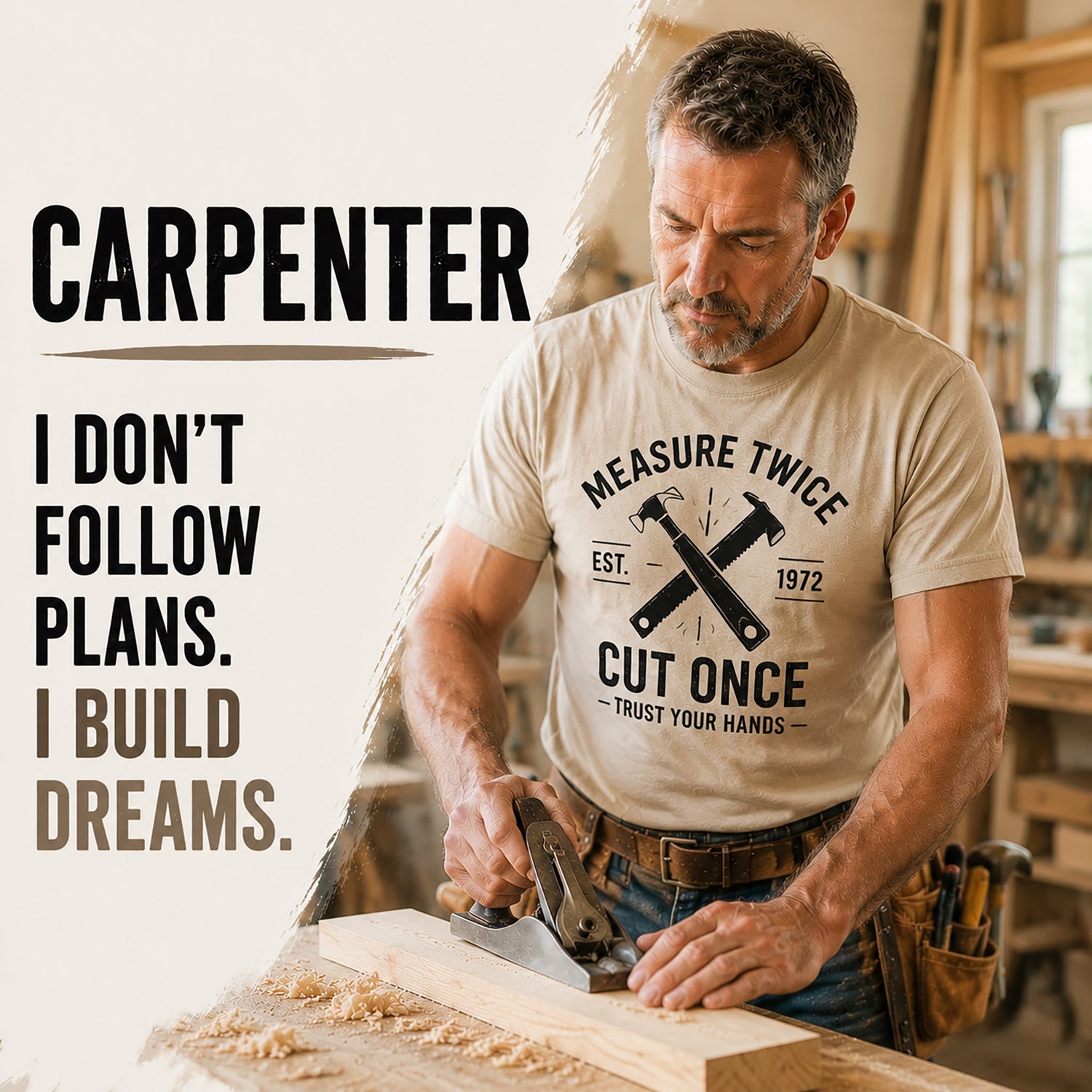 Carpenter t-shirts featuring woodworking designs, perfect for professional carpenters and DIY enthusiasts.