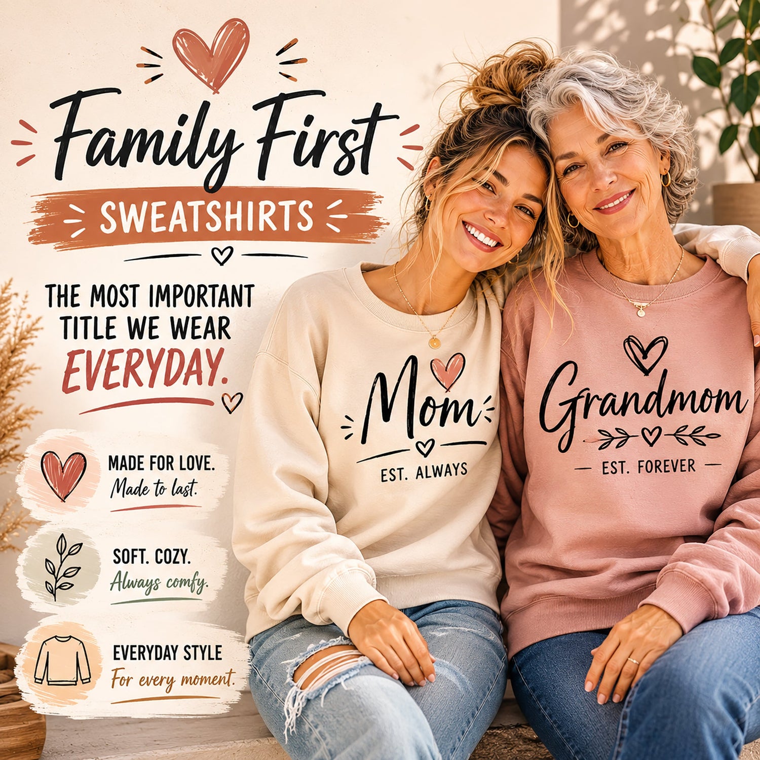 Family First sweatshirts category card featuring smiling mom and grandmom models wearing cozy matching family graphic sweatshirts in warm neutral tones.