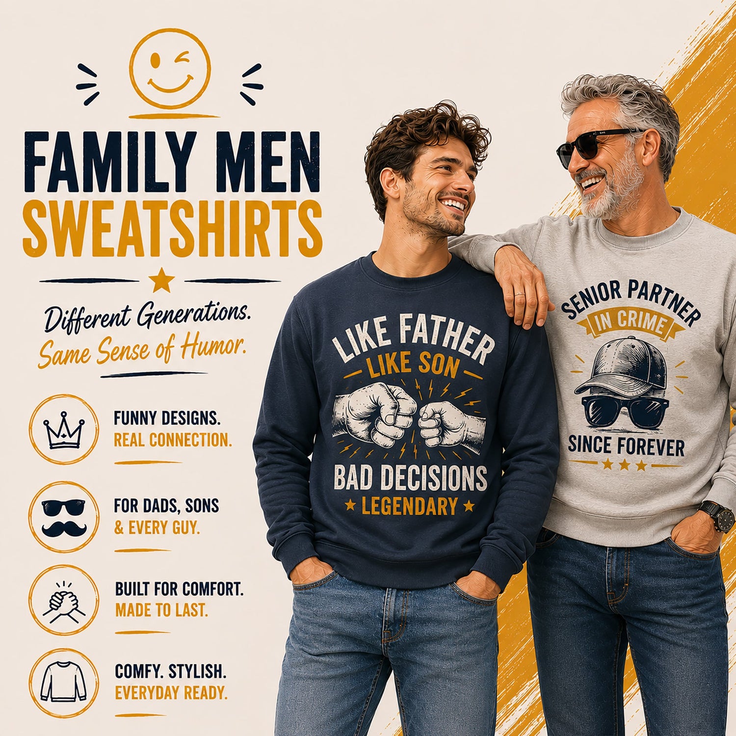 Family Men sweatshirts category card featuring younger and older men wearing funny matching family graphic sweatshirts with father and son humor designs in a modern casual style.