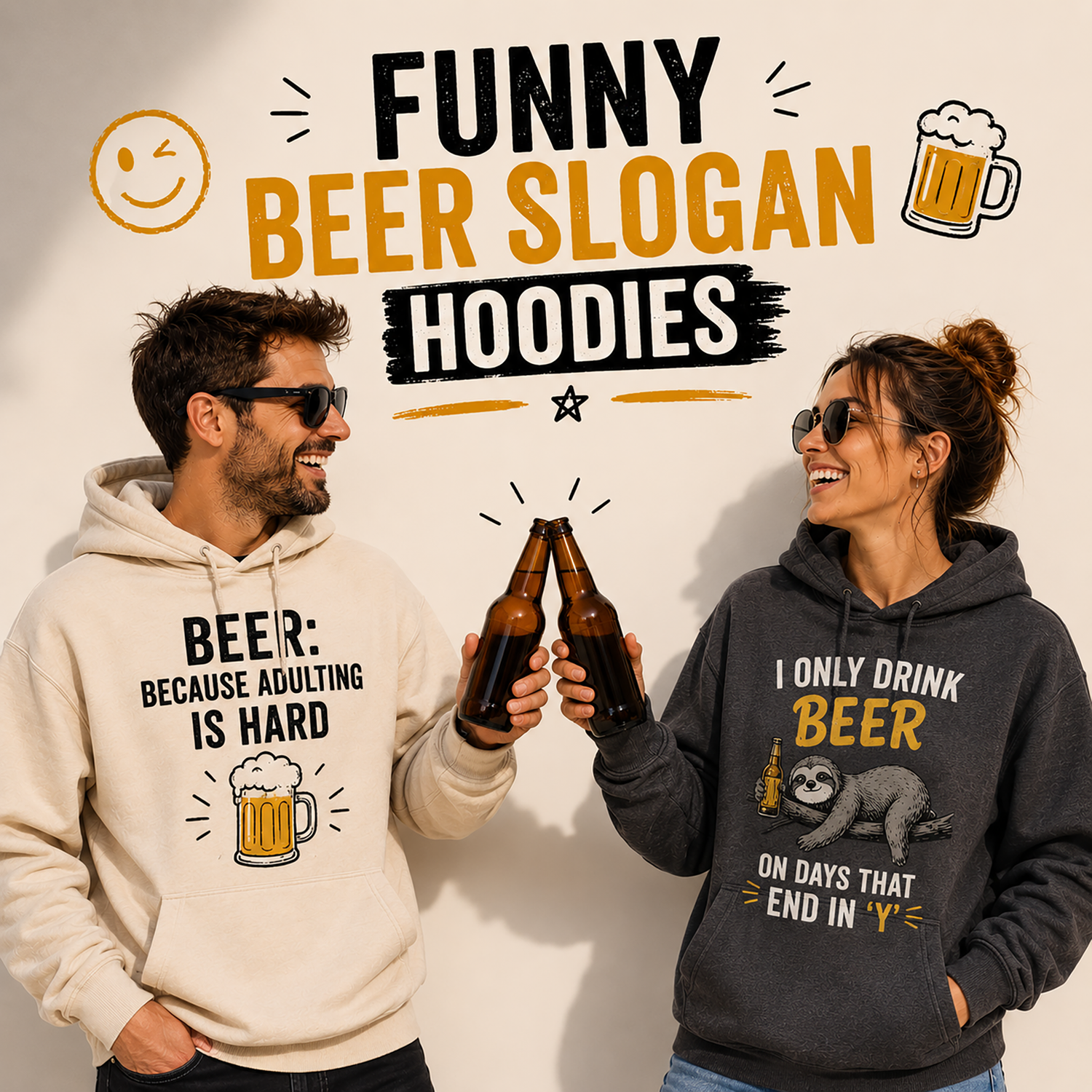 Funny beer slogan hoodies banner with smiling couple wearing humorous beer-themed graphic hoodies.