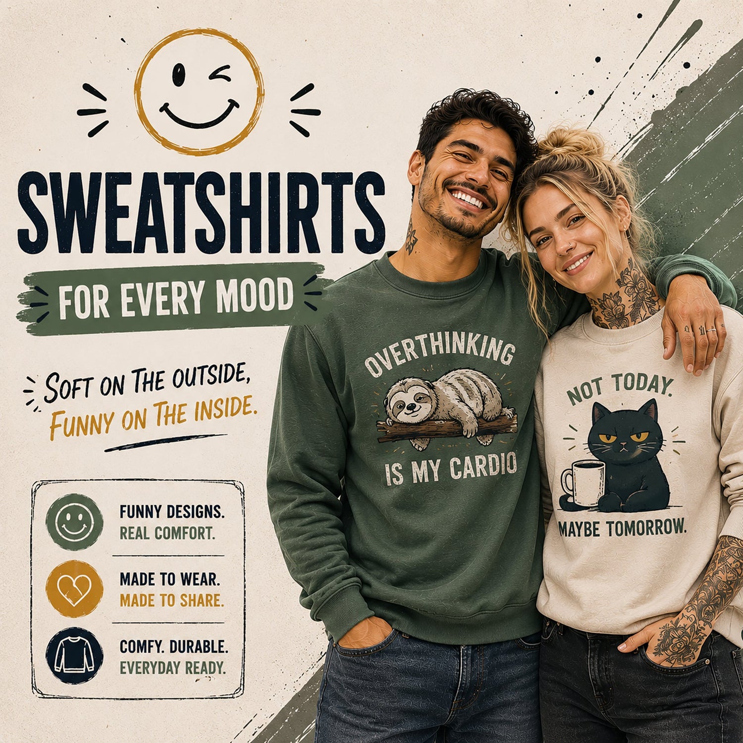 Humorous sweatshirts category card featuring smiling couple wearing funny graphic sweatshirts with playful sloth and sarcastic cat designs in a cozy casual lifestyle style.
