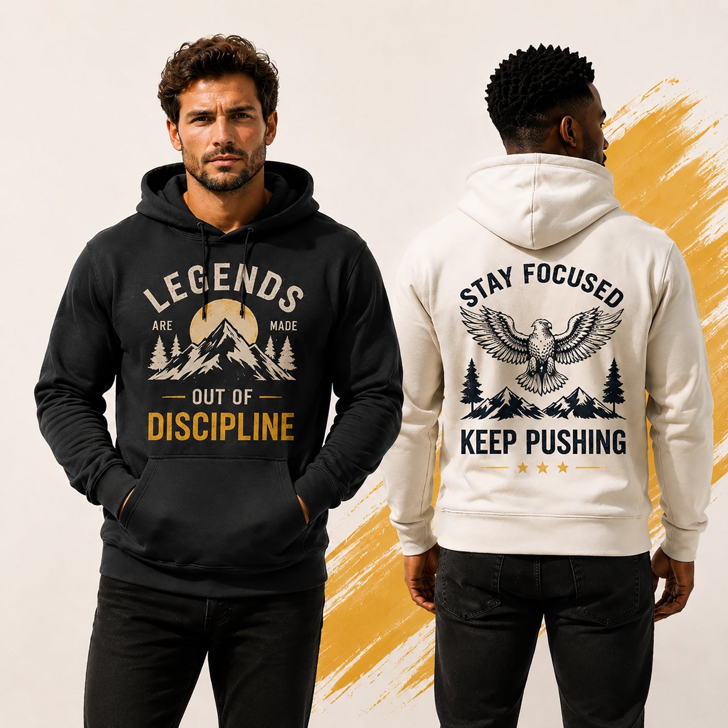 Two men modeling graphic hoodies featuring motivational outdoor-inspired designs, showing both front and back prints in a clean modern lifestyle setting with neutral tones and bold accent details.
