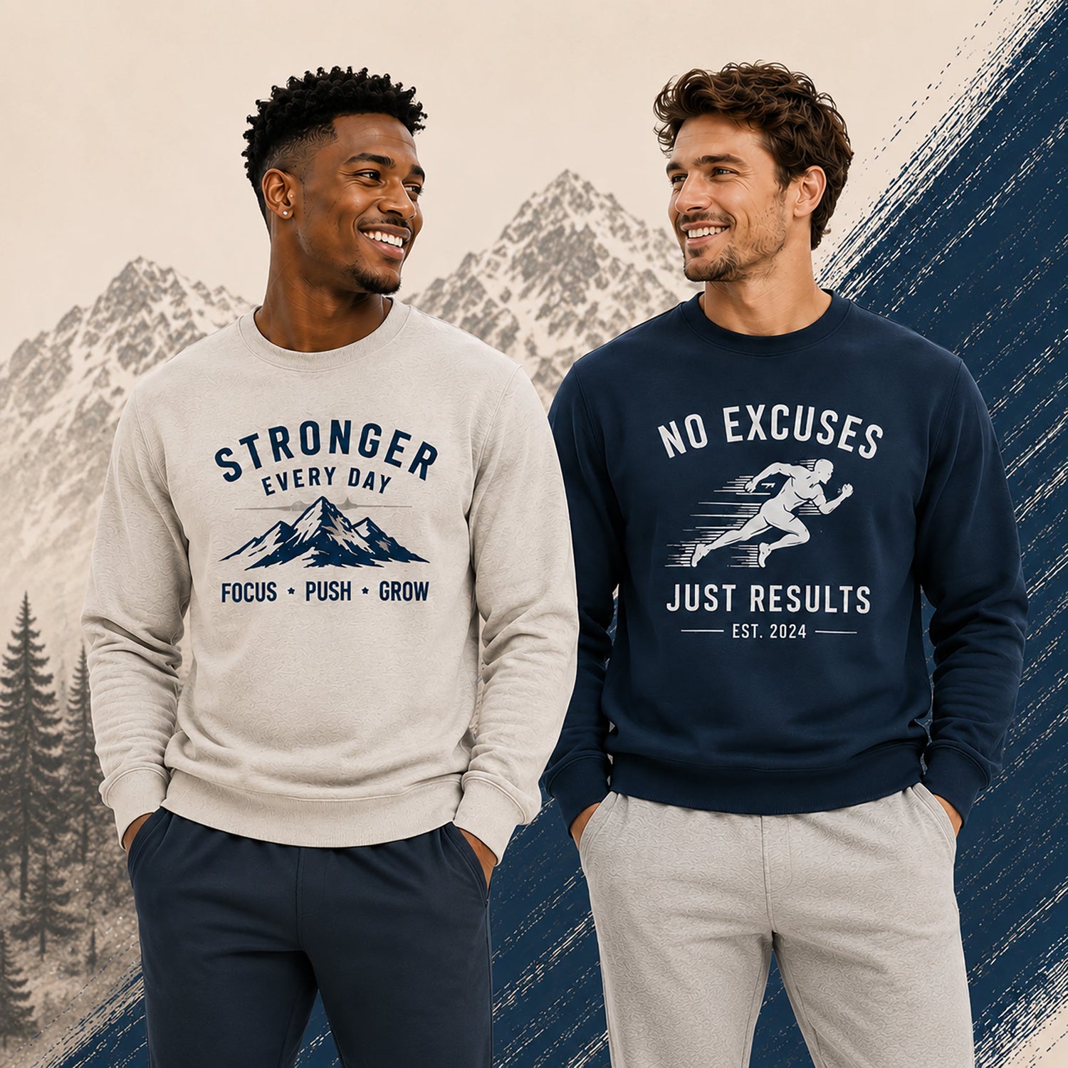 Two men wearing motivational graphic sweatshirts, smiling at each other in a mountain-inspired outdoor setting with a clean, modern lifestyle aesthetic.