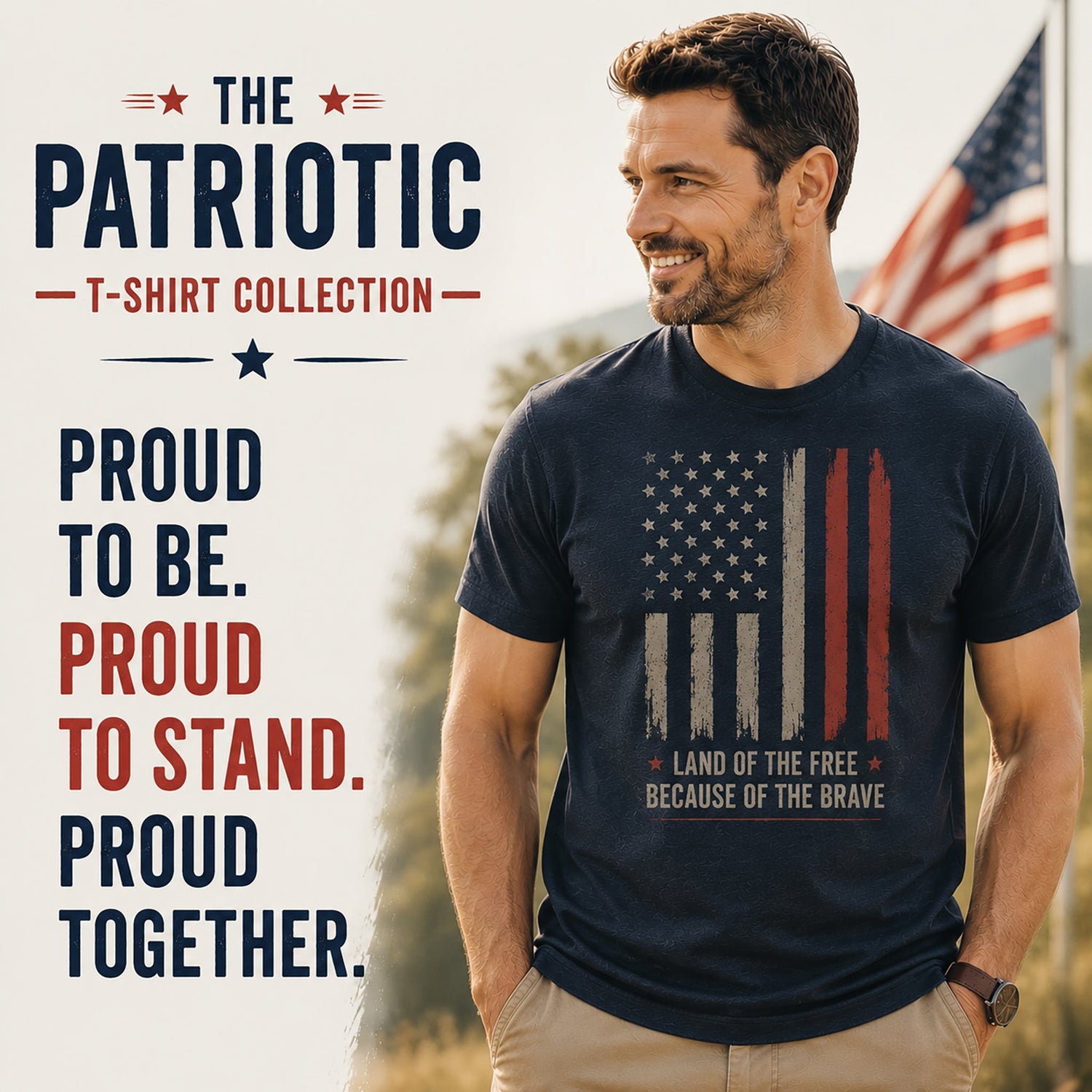 Man wearing patriotic t-shirt with American flag and text “Land of the Free Because of the Brave,” standing near an American flag.
