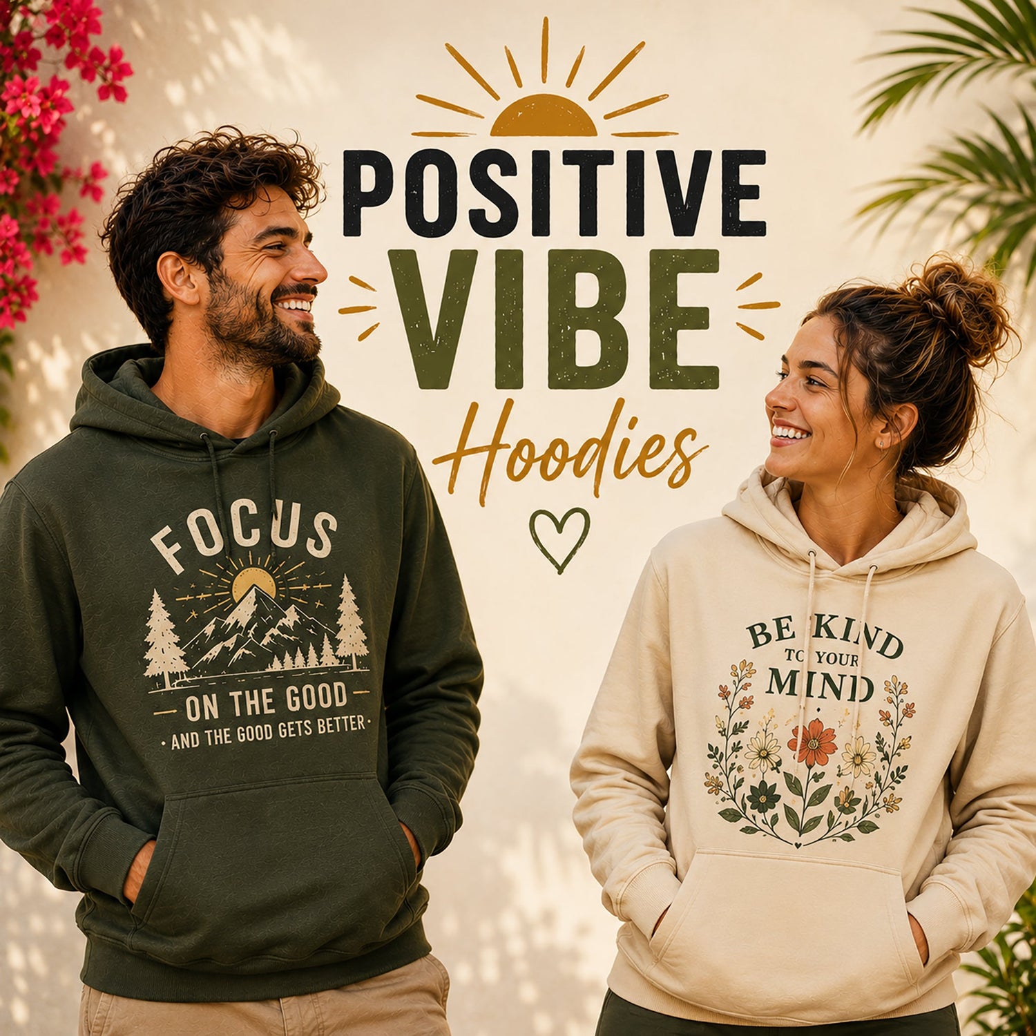 Positive vibe hoodies collection banner featuring smiling man and woman wearing motivational graphic hoodies with uplifting quotes and cozy casual style.