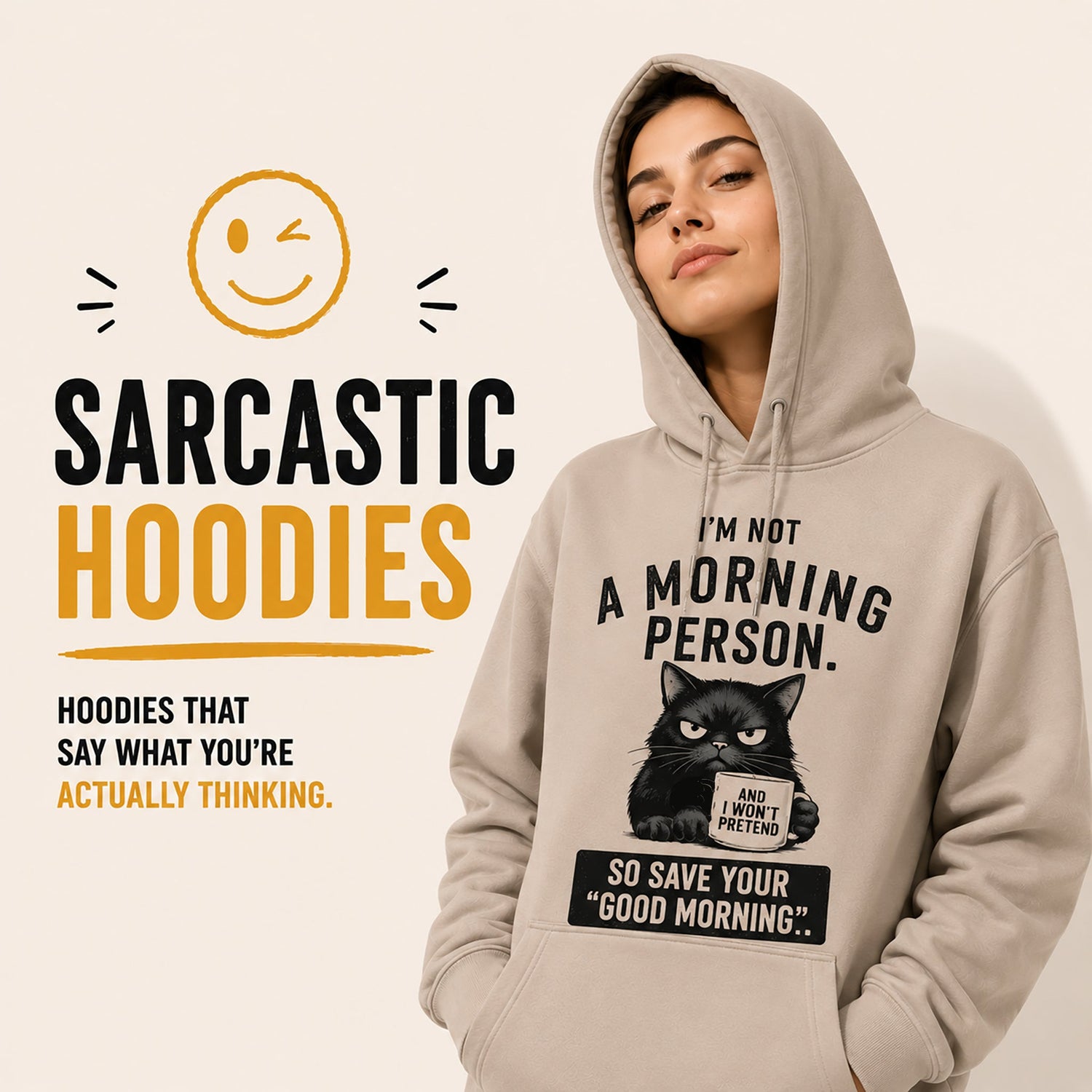 Zero Filter sarcastic women’s hoodies banner featuring confident woman wearing a funny cat graphic hoodie with bold sarcastic quote and cozy casual style.