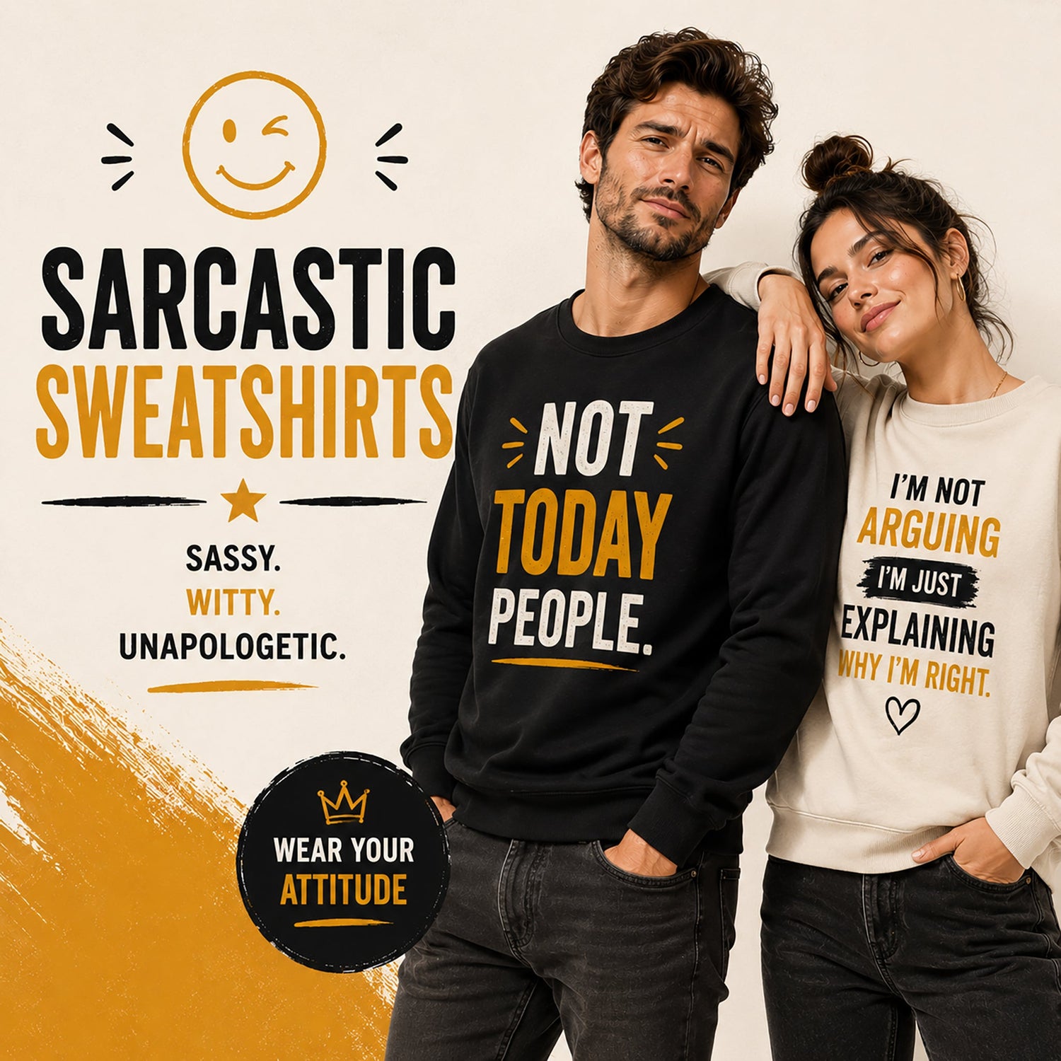 Sarcastic sweatshirts collection banner featuring stylish man and woman wearing bold funny quote sweatshirts with witty graphic designs and confident casual streetwear style.