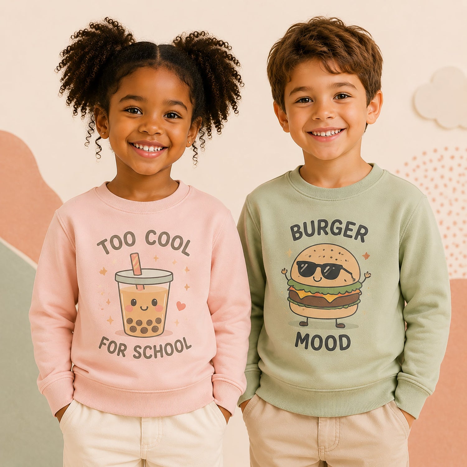 Smiling boy and girl wearing colorful kawaii graphic sweatshirts with playful bubble tea and burger designs, standing together in a soft pastel studio setting.