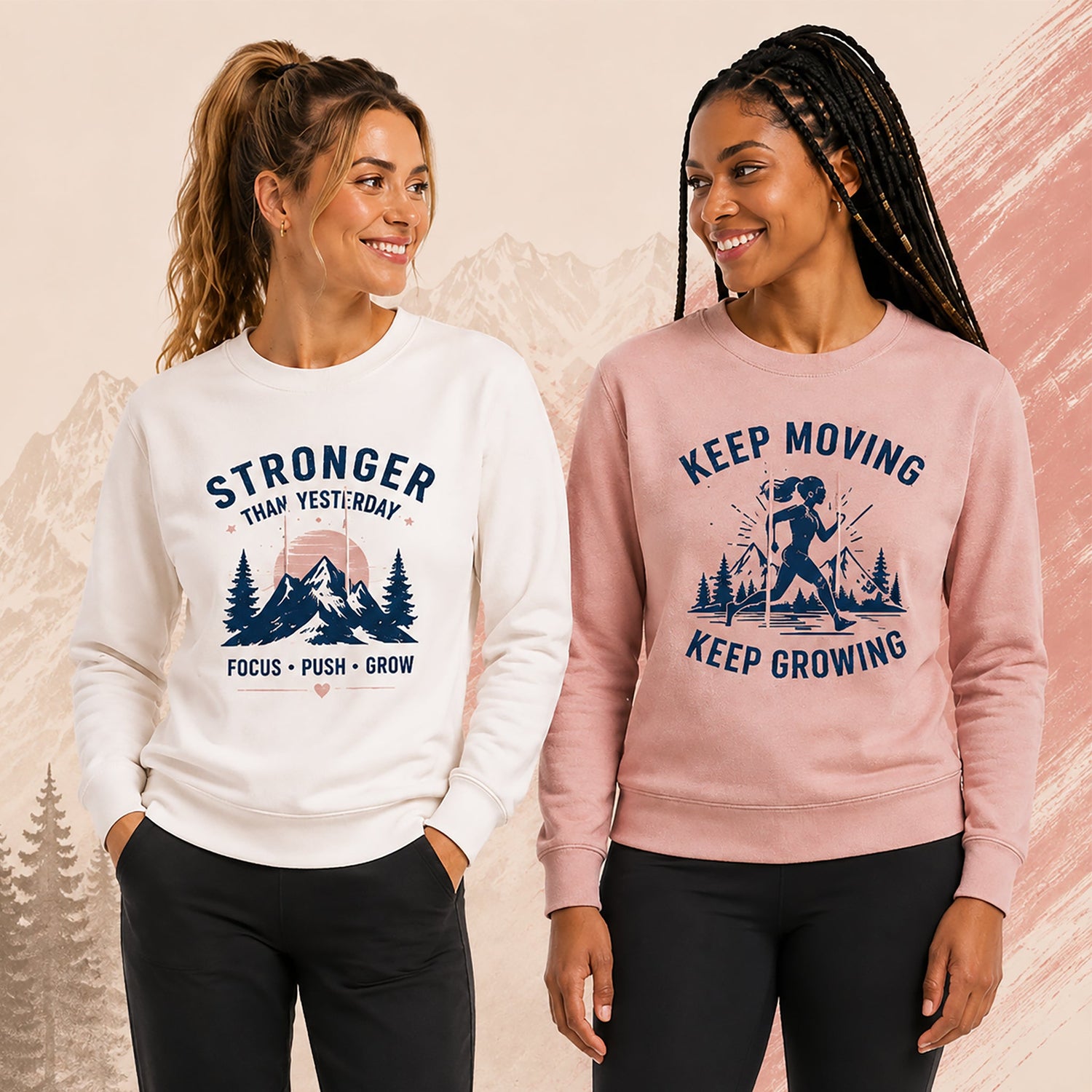 Two women wearing motivational graphic sweatshirts smile at each other against a soft mountain-inspired background in blush pink and neutral tones.