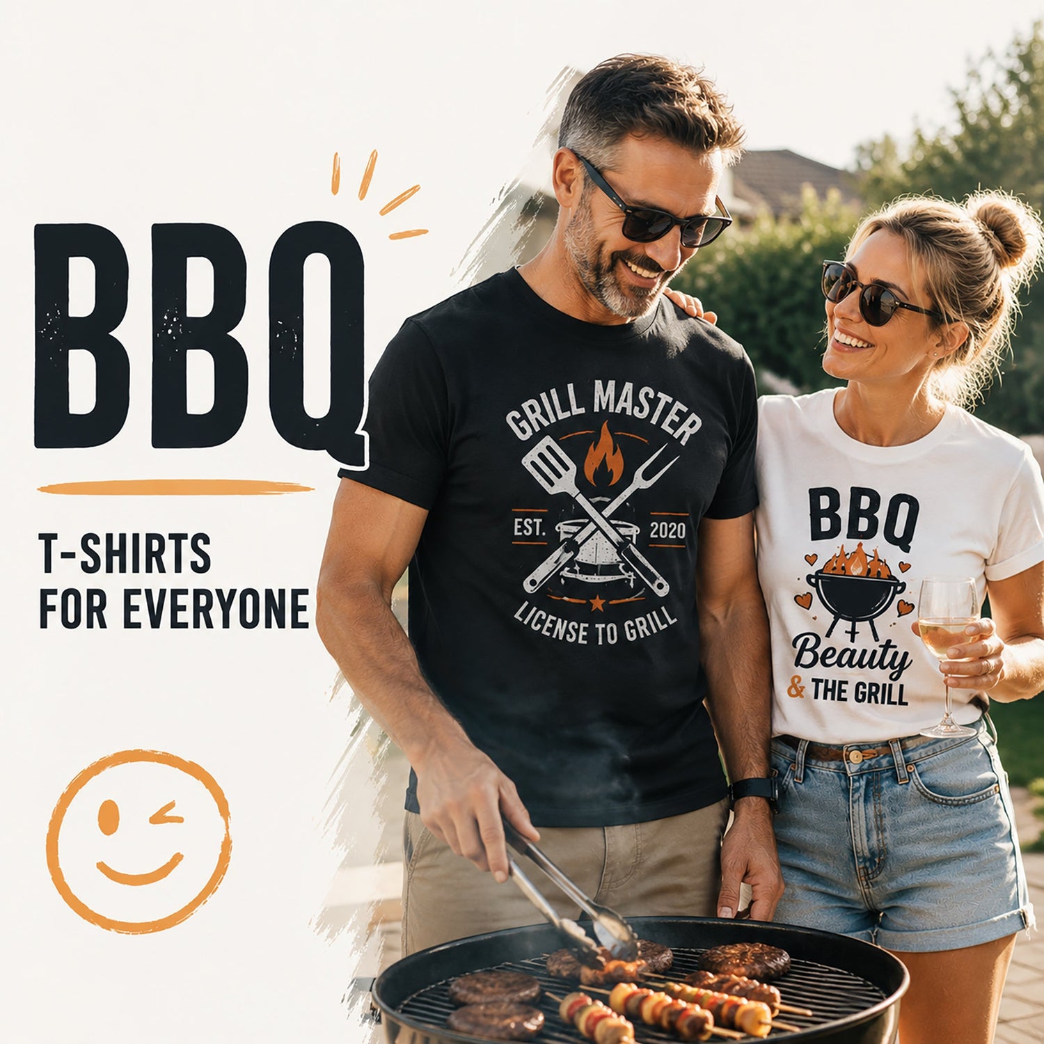 Unisex BBQ Grill Master T-shirt collection card featuring a man and woman enjoying outdoor grilling, wearing humorous barbecue-themed shirts.