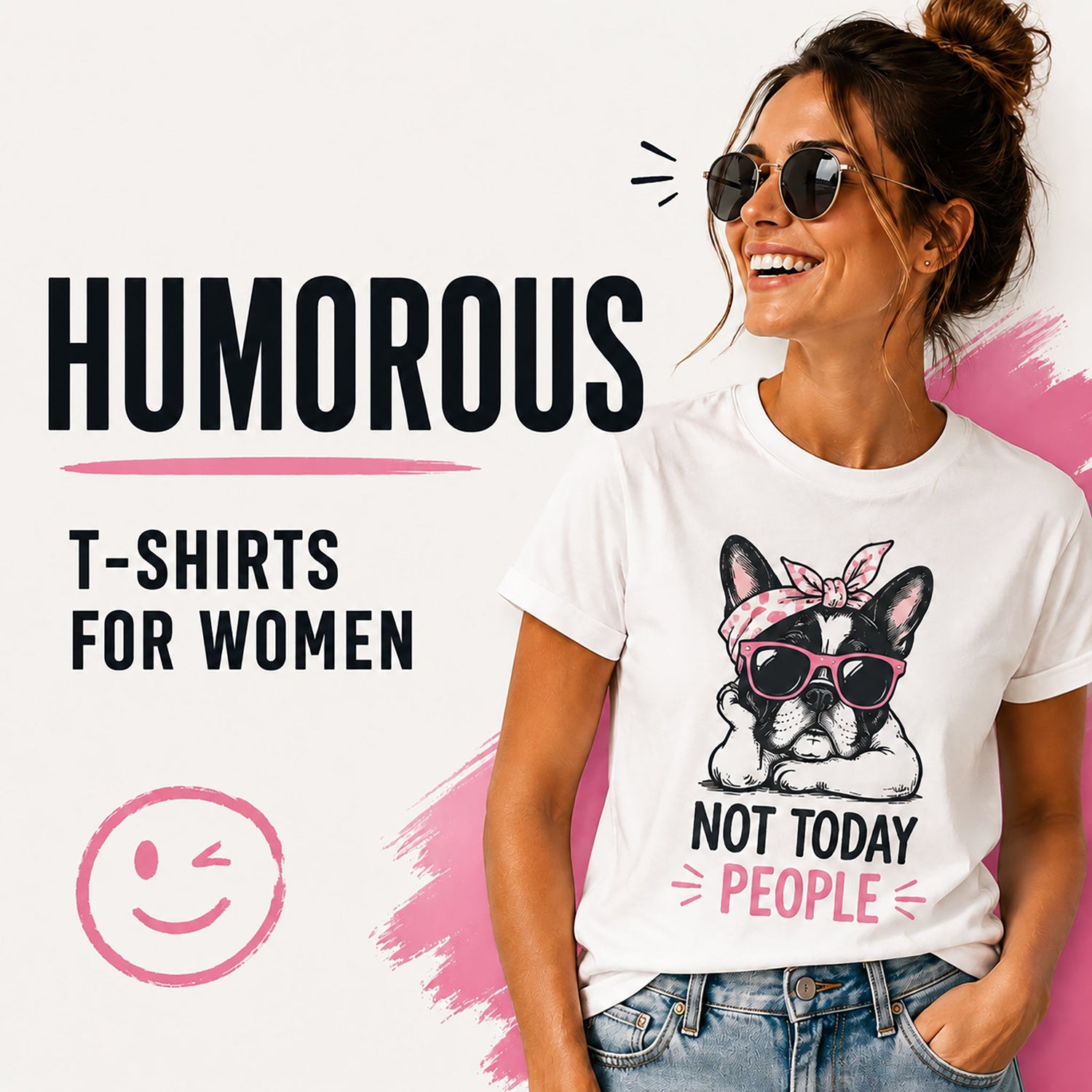 Humorous women's t-shirt with funny dog graphic, pink accents, casual fit, lifestyle promotional image, funny t-shirt collection for women.