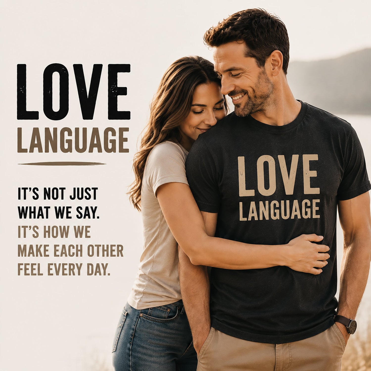 Couple wearing matching "Love Language" t-shirts, hugging and smiling, showcasing romantic and playful designs for expressing affection.