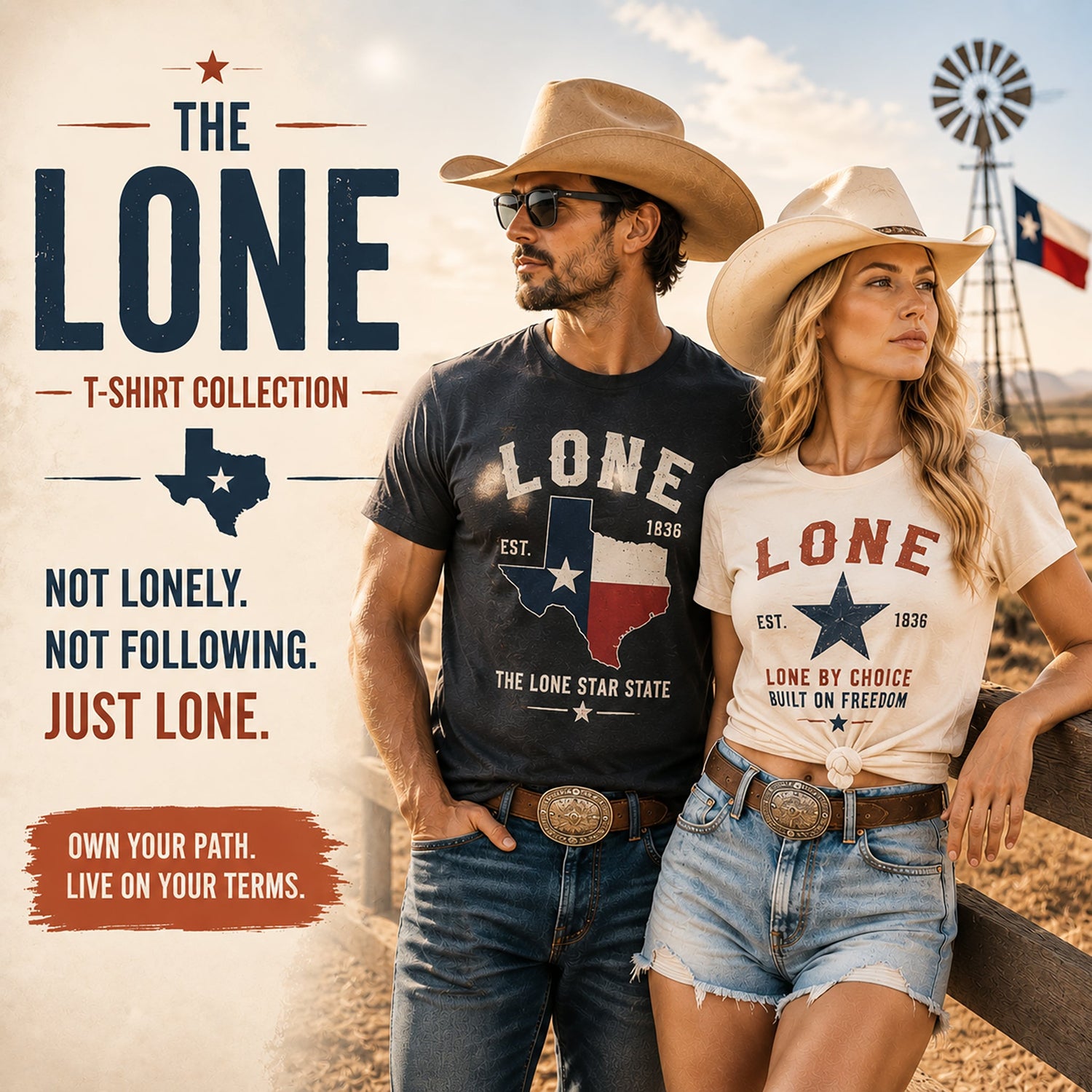 Male and female models in cowboy hats wearing Lone-style Texas t-shirts, standing on a sunlit ranch with a windmill and Texas flag in the background.