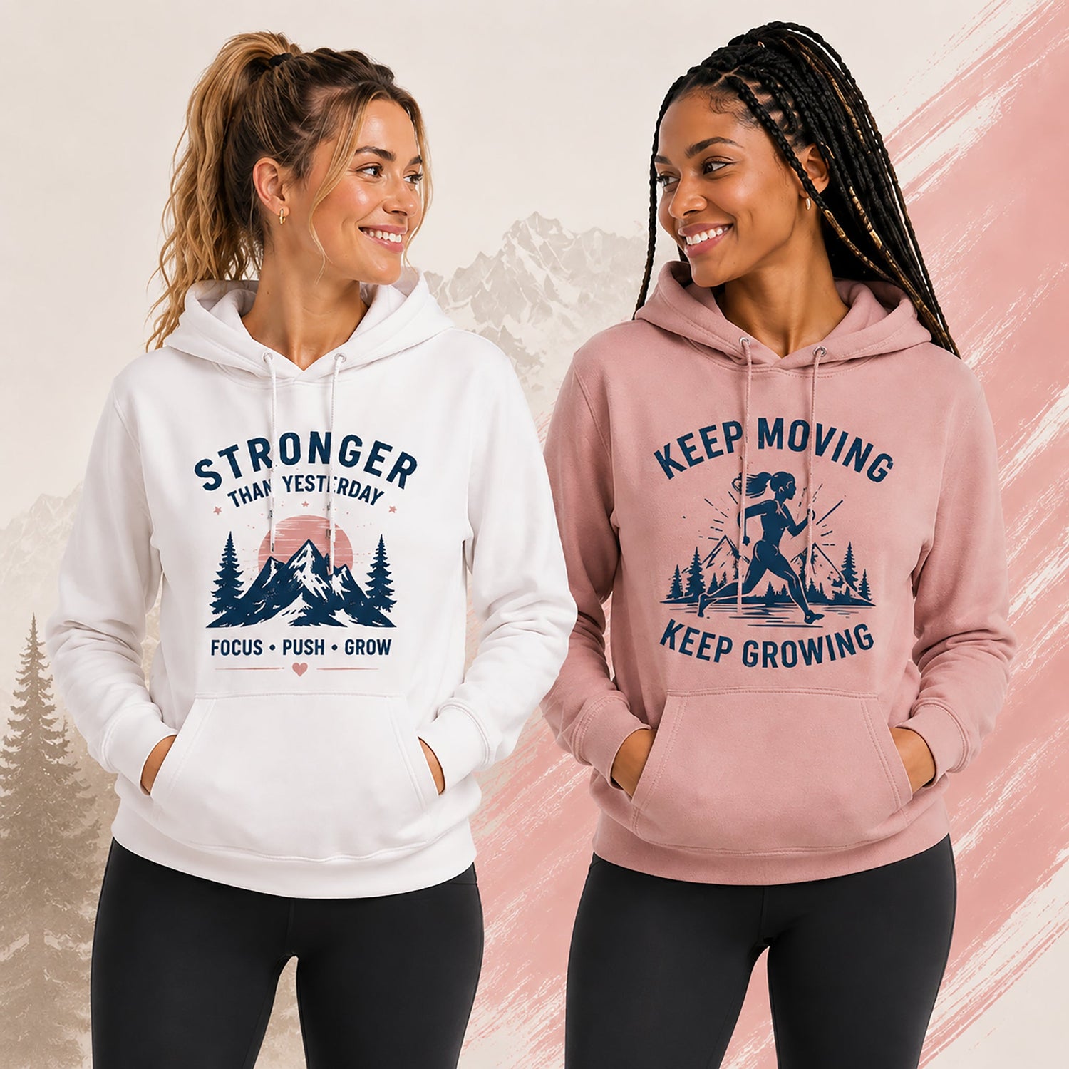 Two women wearing motivational graphic hoodies smile at each other in a soft mountain-inspired setting, featuring empowering fitness and growth-themed designs in blush pink and neutral tones.