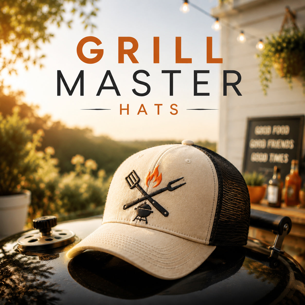 Grill Master Hats category card featuring a beige trucker cap on a barbecue grill with bold rustic outdoor branding.