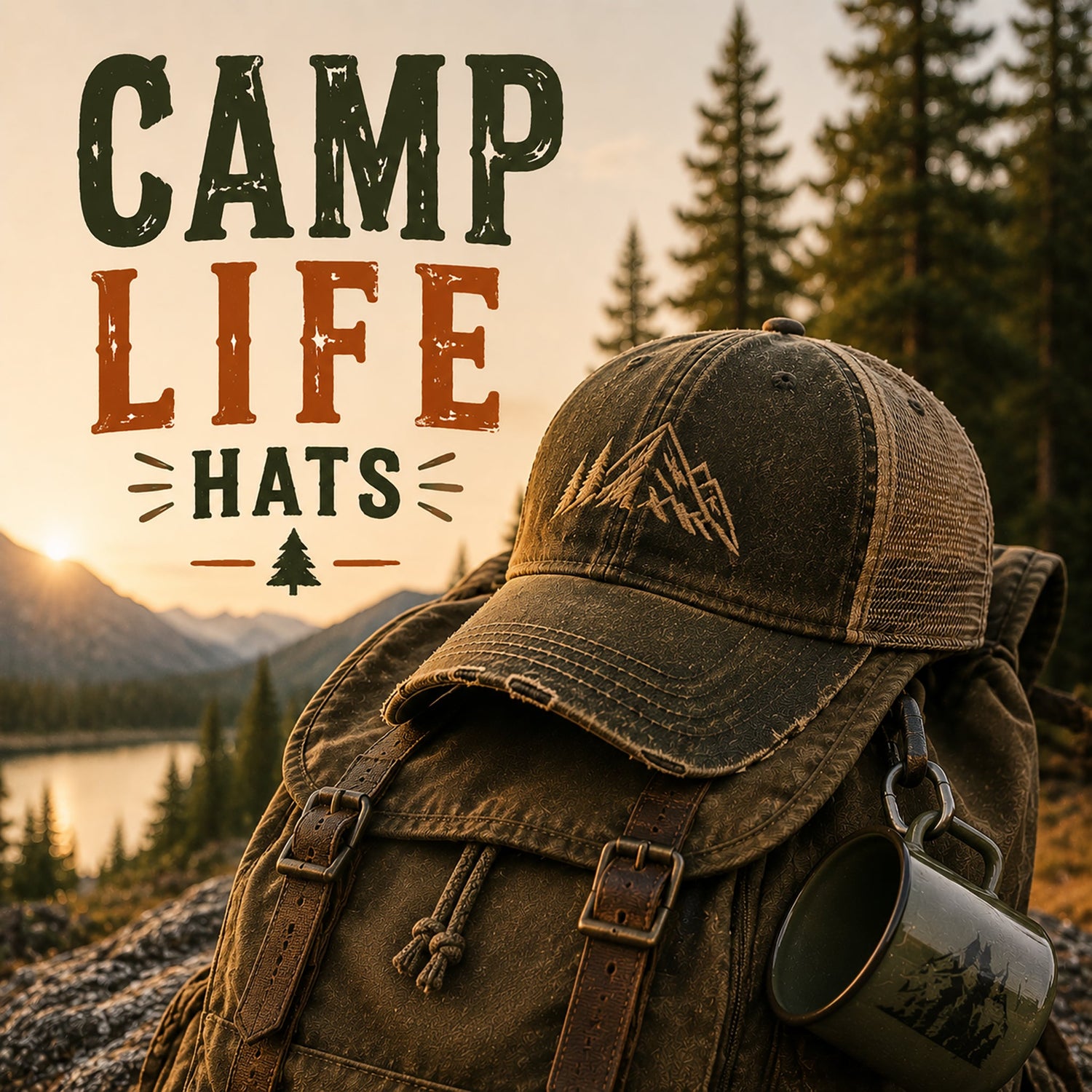 Rustic Camp Life Hats category card featuring a weathered backpack on a mountain overlook at sunset with bold vintage typography.