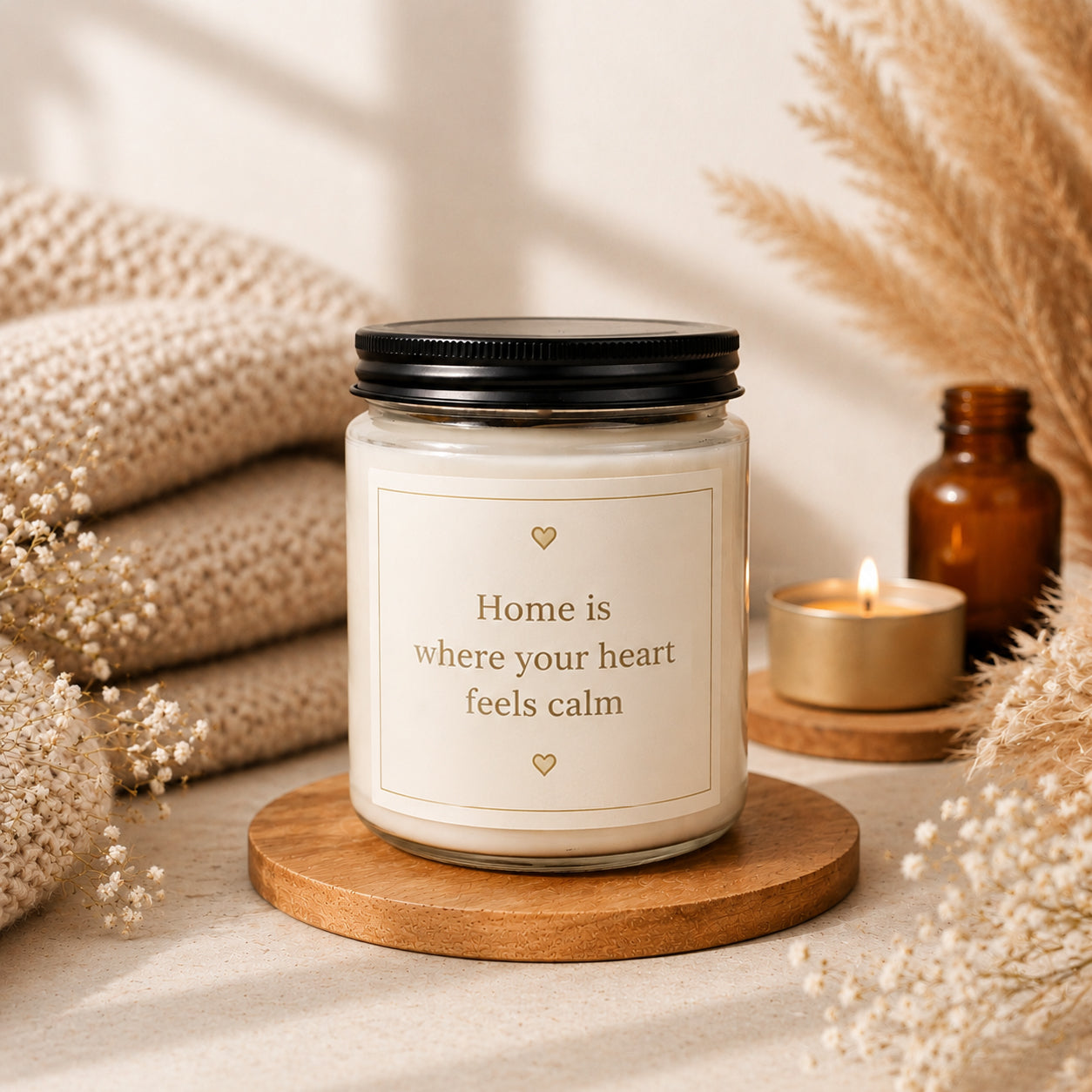Cozy scented candle in a glass jar with an inspirational quote, surrounded by soft textiles, dried flowers, and warm ambient decor.