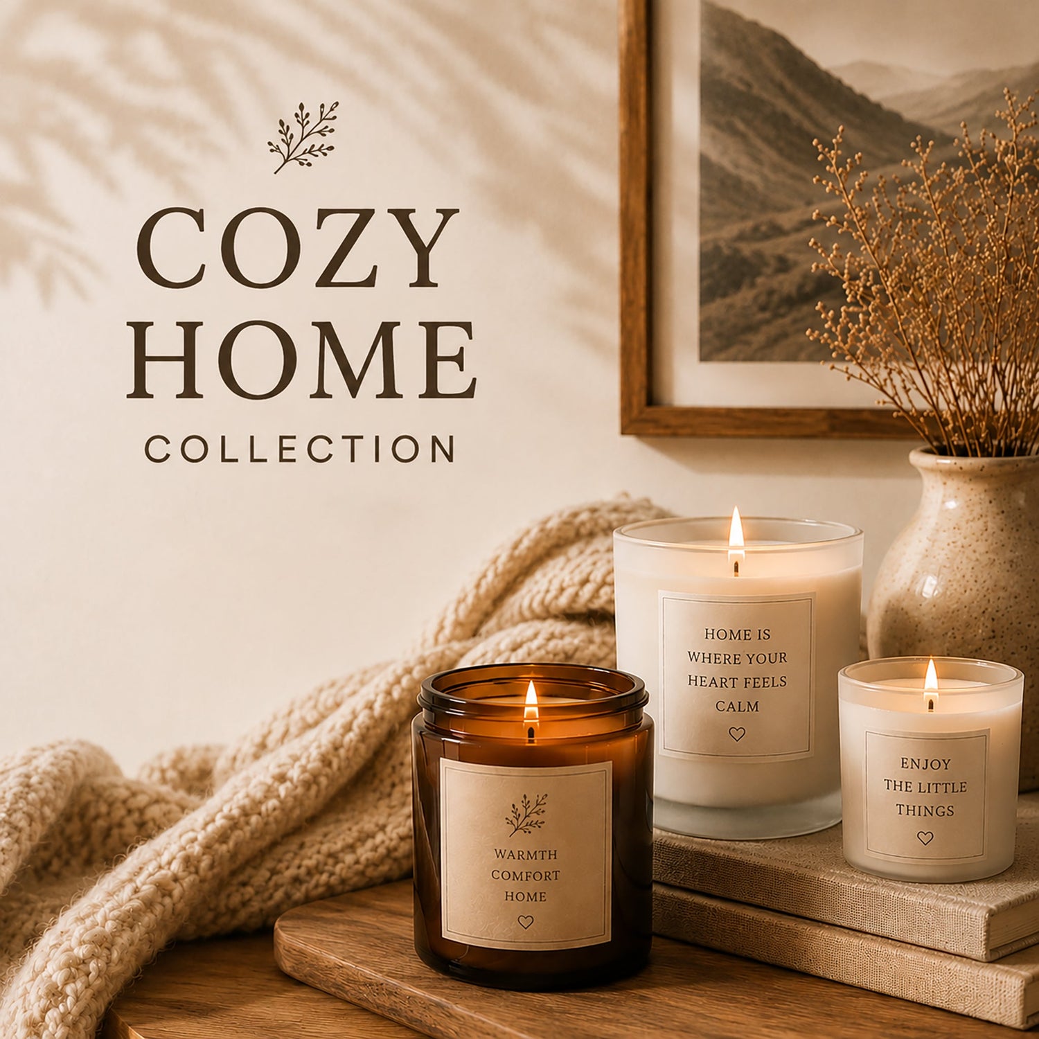 Cozy Home Collection candles and home décor