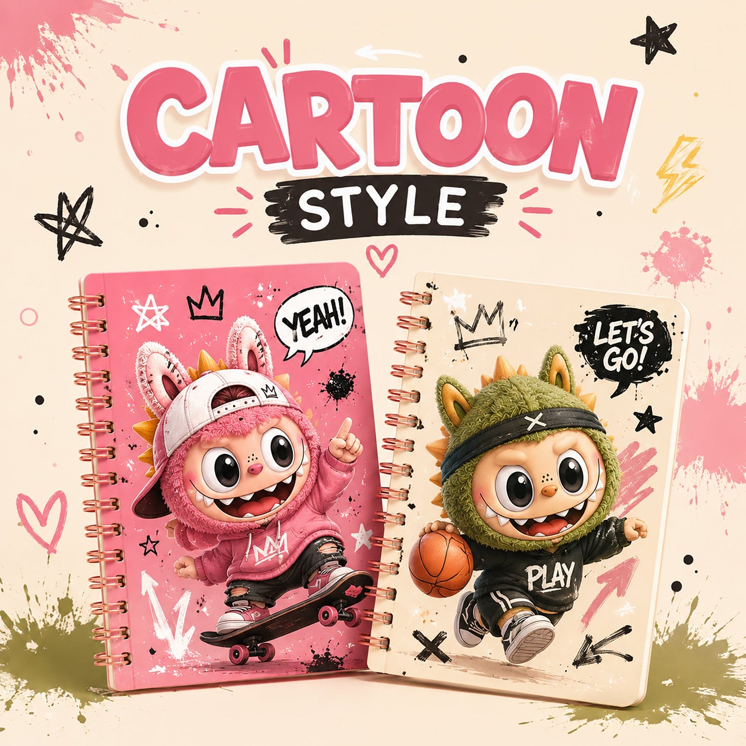 Cartoon Style notebooks with cute monster characters, colorful artwork, and fun playful designs.