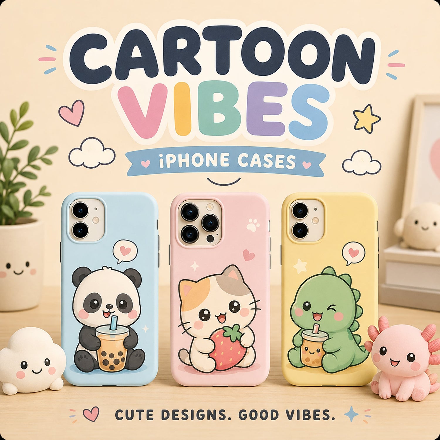 Cartoon Vibes iPhone cases featuring cute kawaii panda, cat, and dinosaur designs in soft pastel colors.