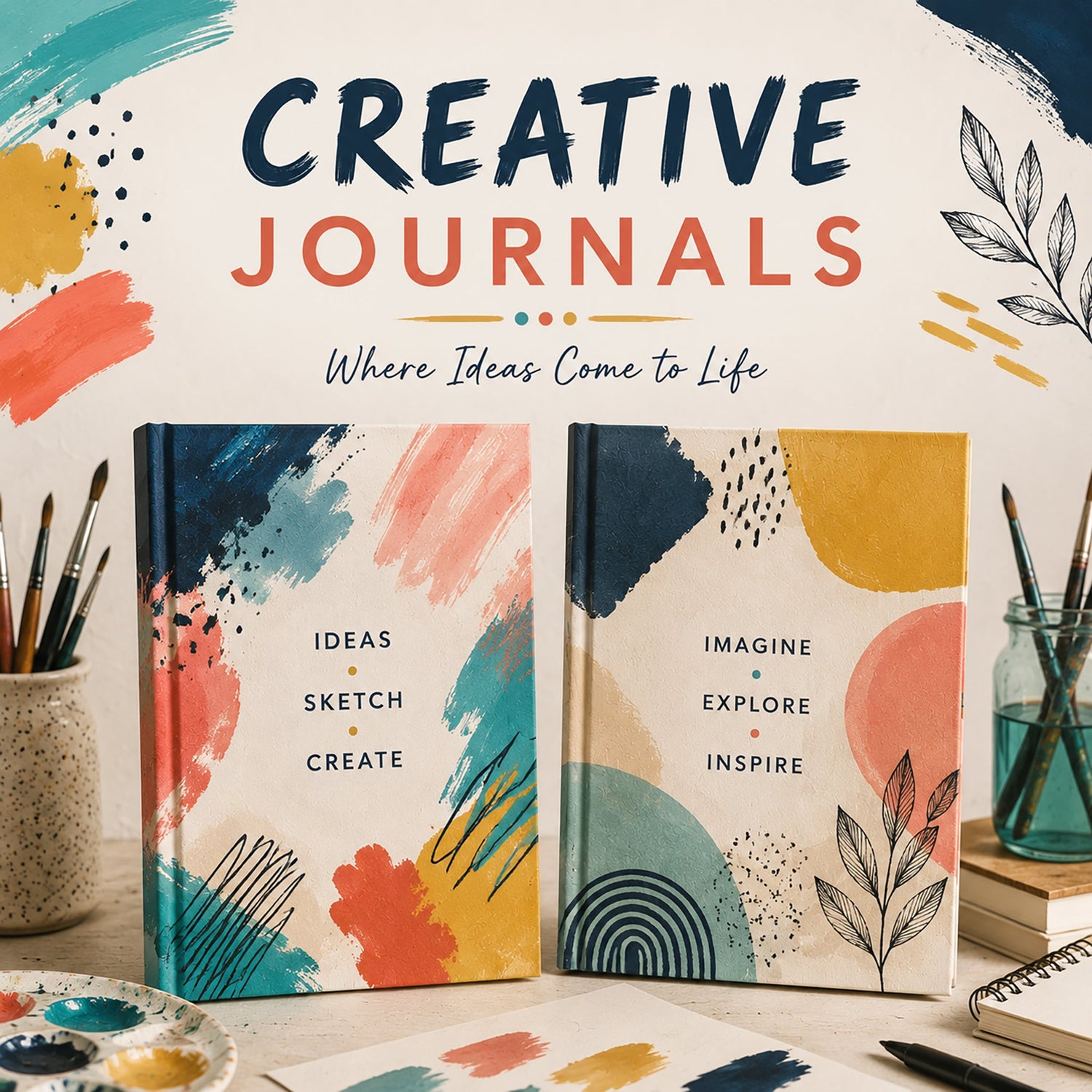 Creative Journals collection featuring artistic hardcover journals with colorful abstract designs for writing, sketching, and creative inspiration.