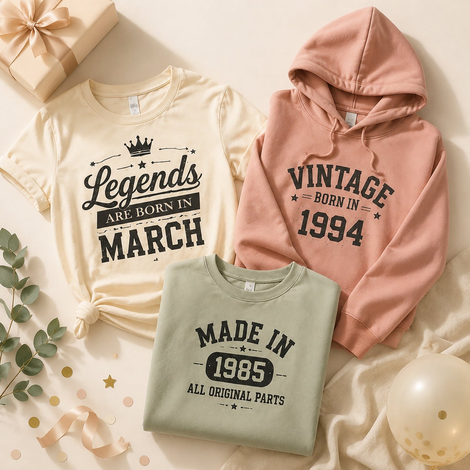 Three custom apparel items (t-shirt, hoodie, sweatshirt) with vintage birthday-themed prints on a warm beige background with decorative confetti and gift elements.