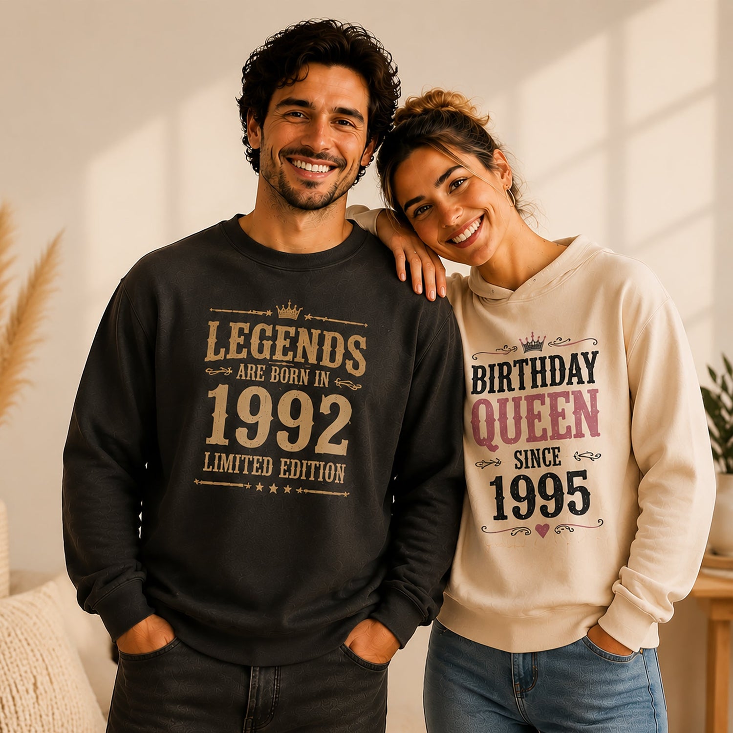 Smiling couple wearing matching birthday-themed sweatshirts, posing closely in a warm indoor setting.