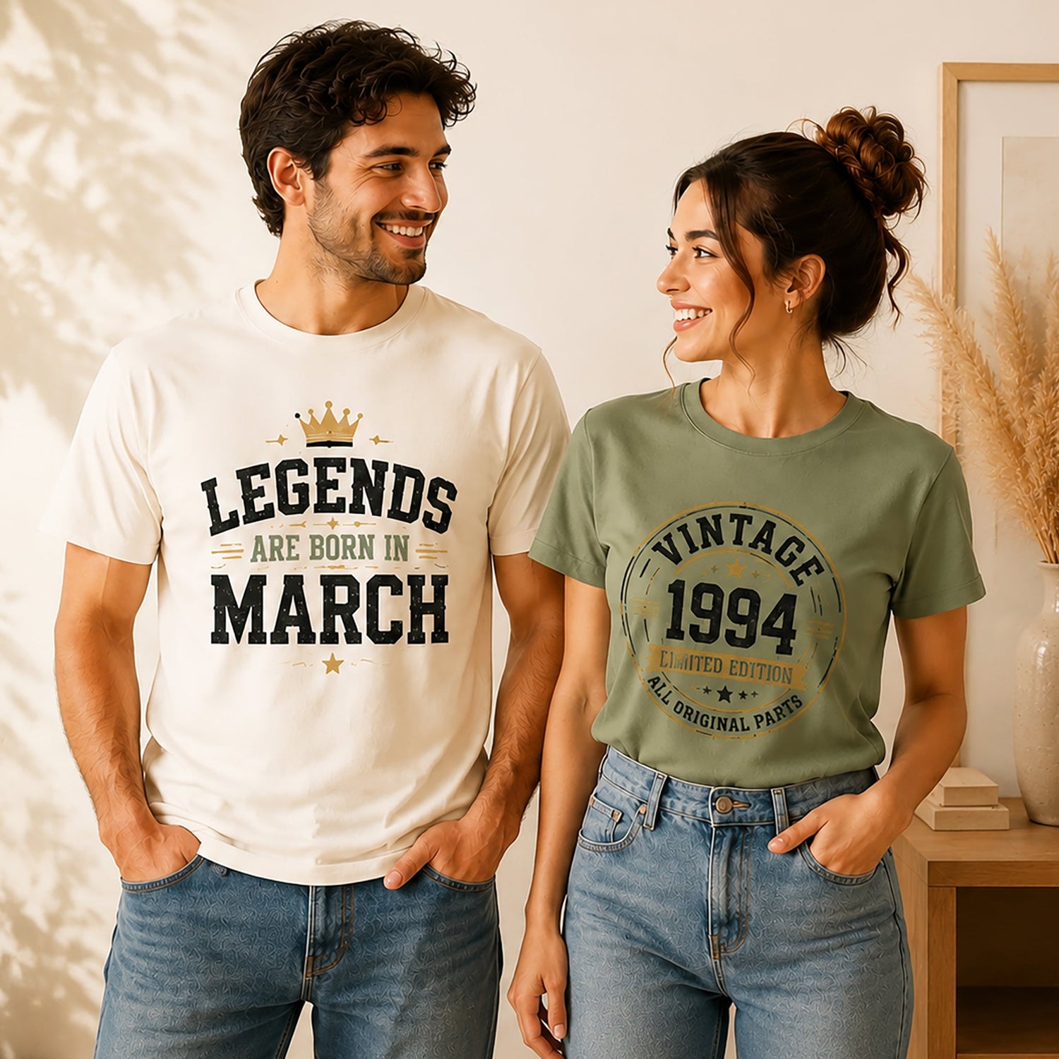 A smiling young couple wearing custom printed T-shirts stands in a warm, minimalist studio setting with soft natural light and neutral tones, showcasing vintage-style birthday-themed apparel designs.