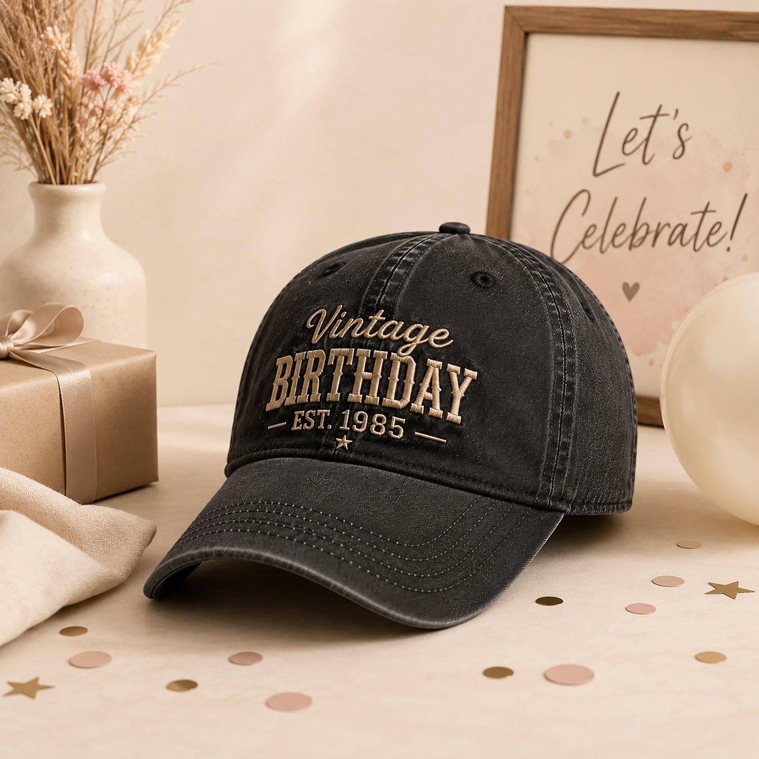 Vintage-inspired birthday baseball cap styled with a gift box and soft neutral celebration décor.