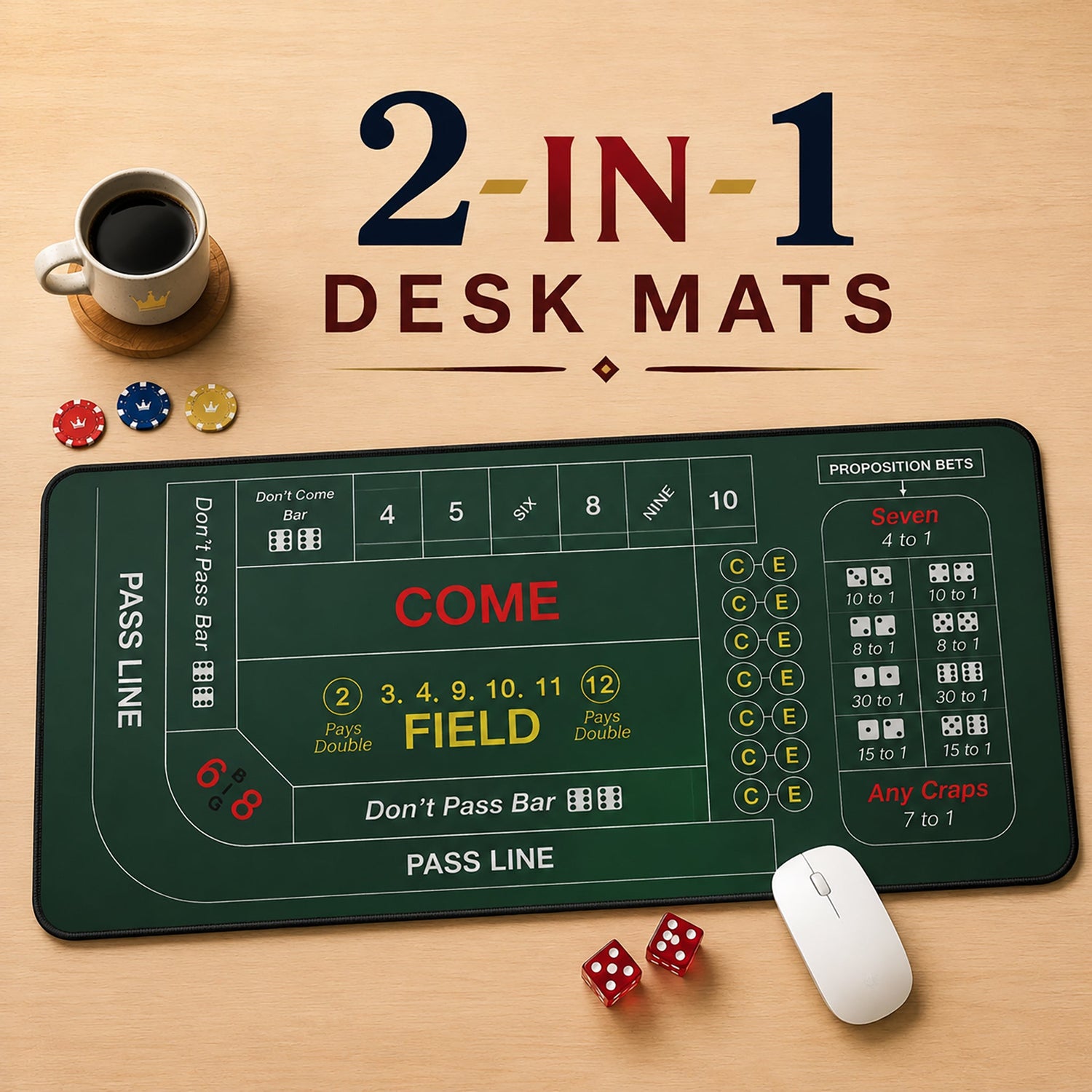 Casino craps desk mat featuring a printed betting layout, poker chips, dice and mouse, designed for gaming and desktop use.